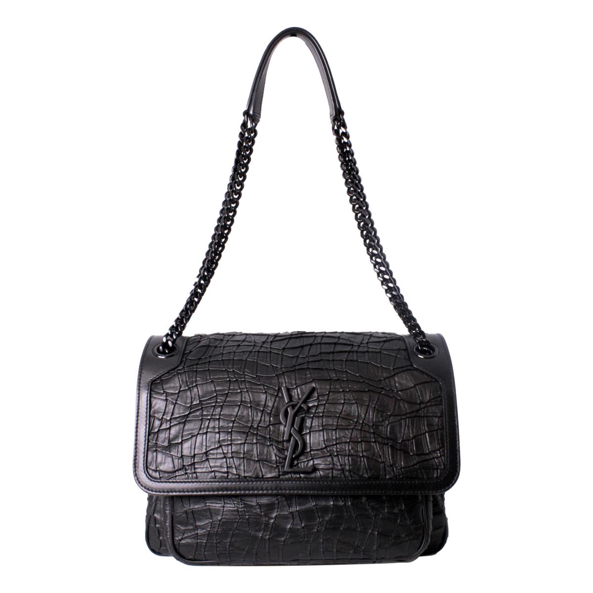 Saint Laurent Niki Medium Crocodile Embossed Leather Black Satchel Bag