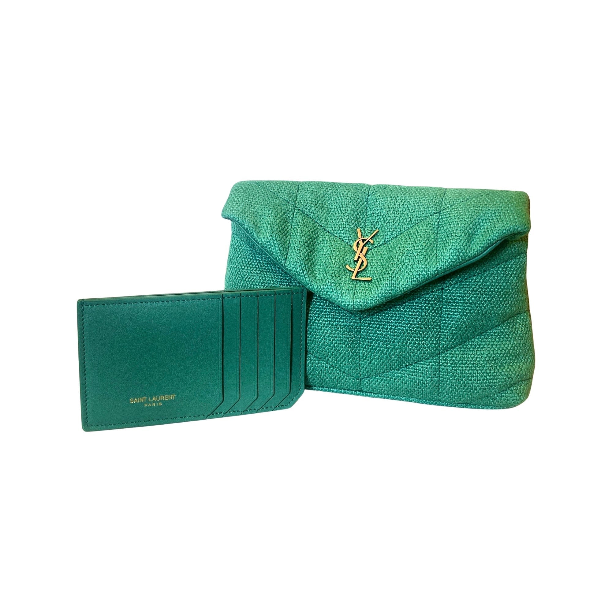 Saint Laurent Puffer Green Canvas Clutch and Card Holder