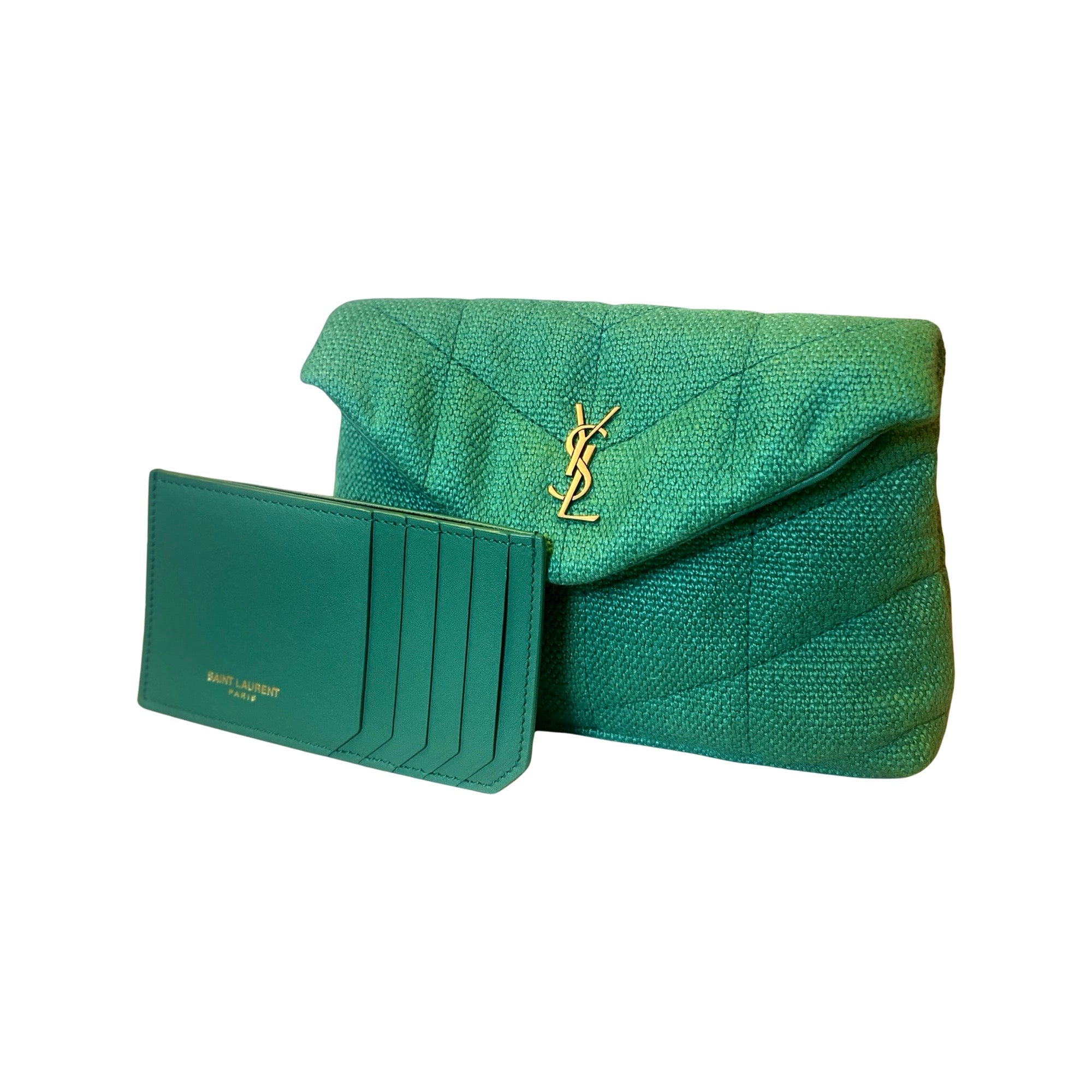 Saint Laurent Puffer Green Canvas Clutch and Card Holder