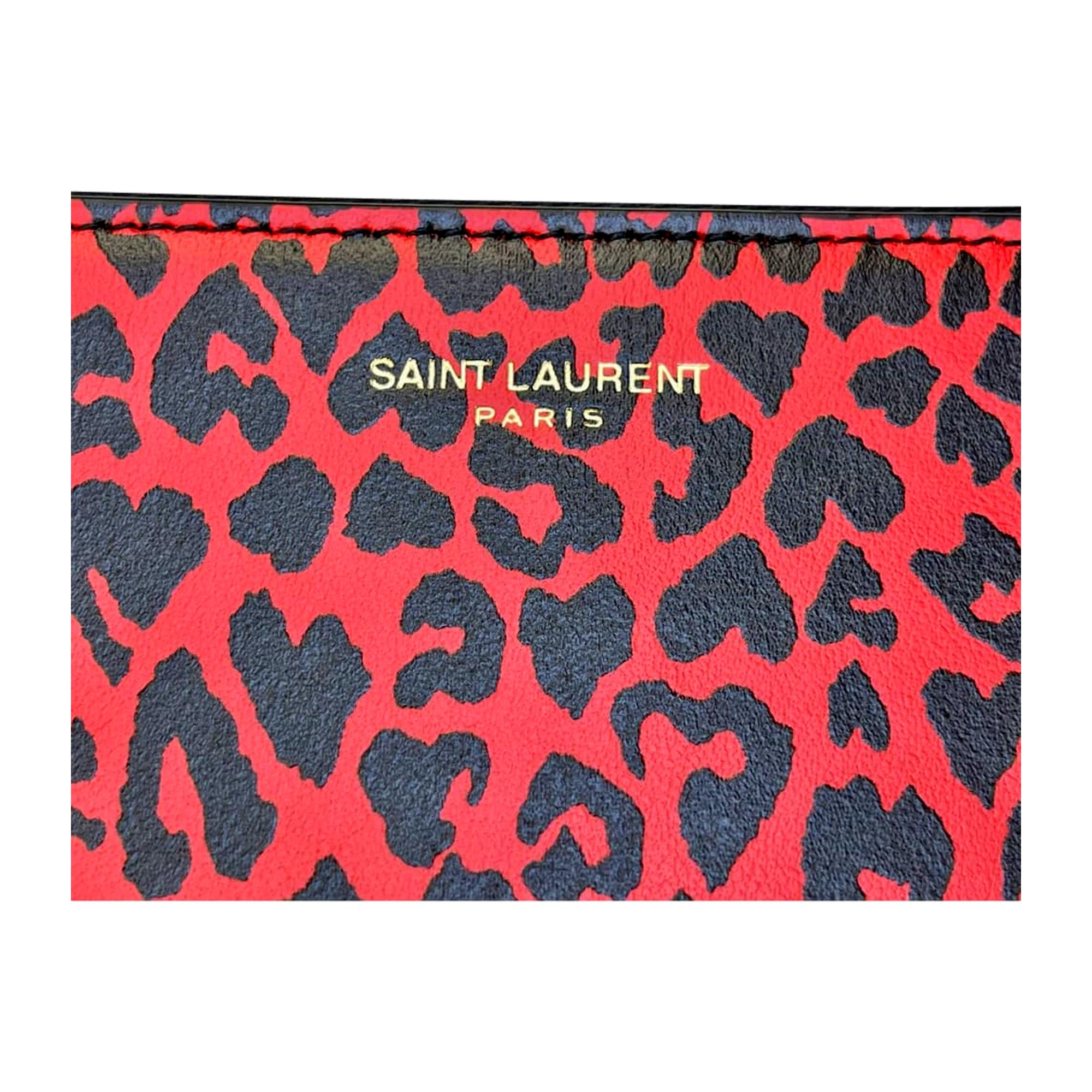 Saint Laurent Rouge Leopard Printed Calfskin Leather Medium Pouch