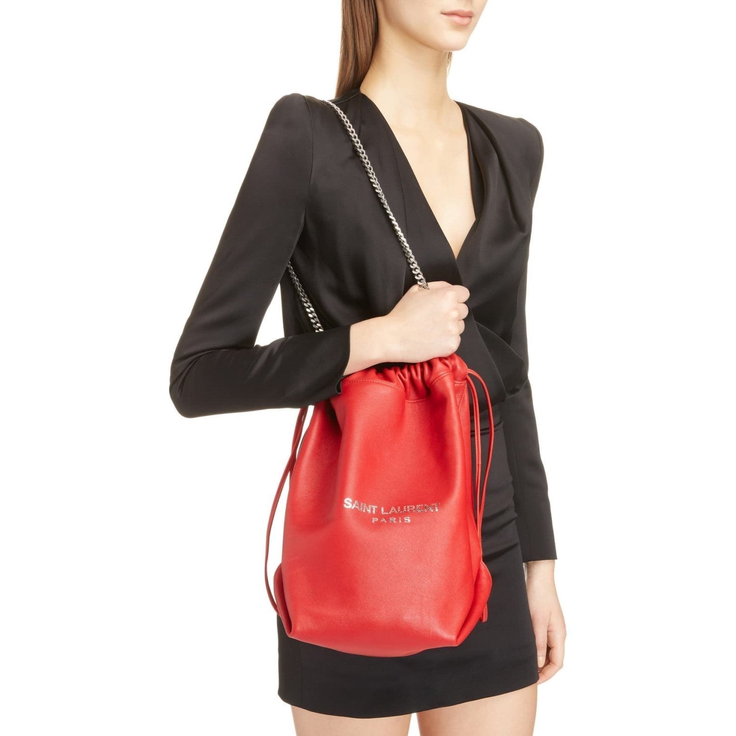 Saint Laurent Teddy Red Lambskin Leather Drawstring Bucket Bag