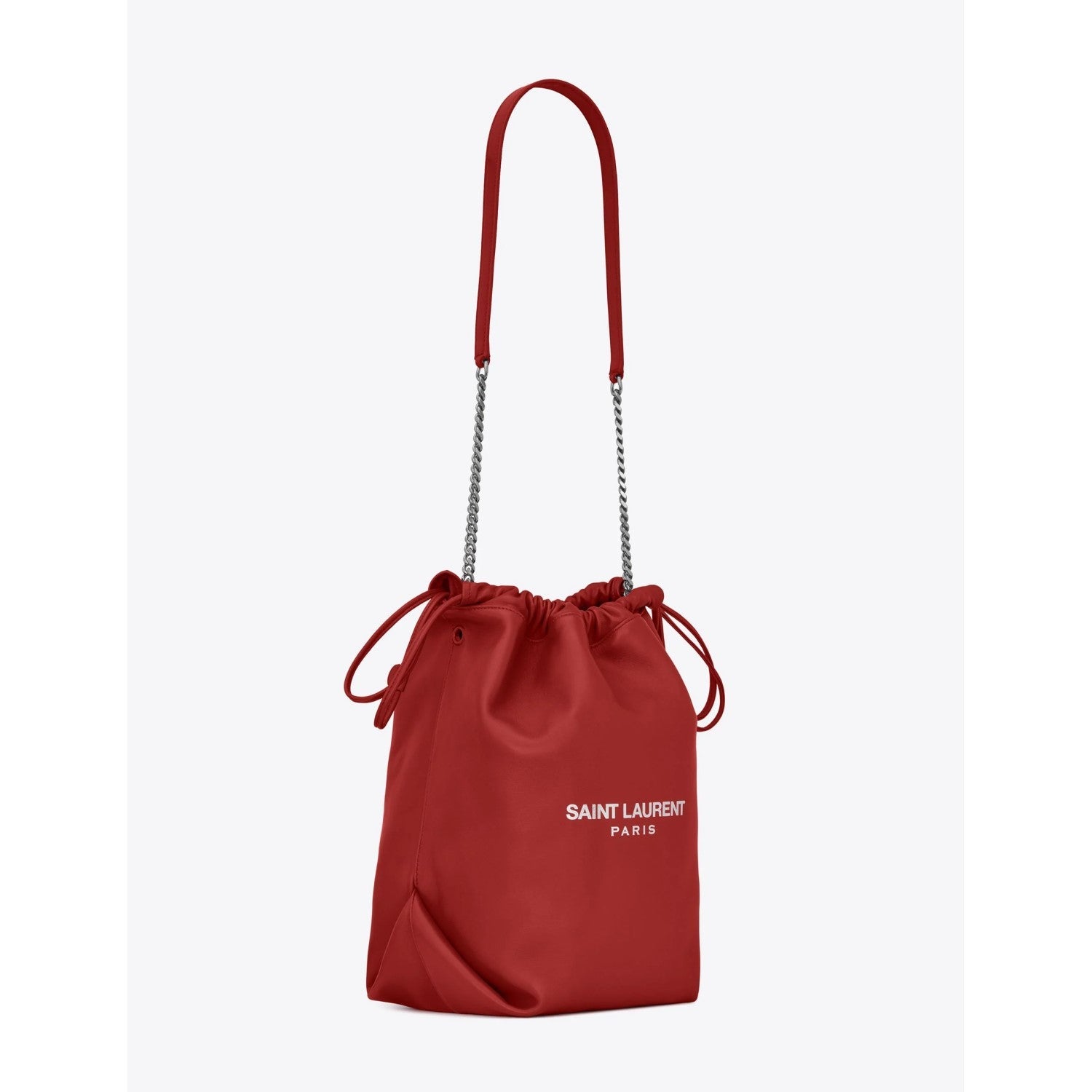 Saint Laurent Teddy Red Lambskin Leather Drawstring Bucket Bag