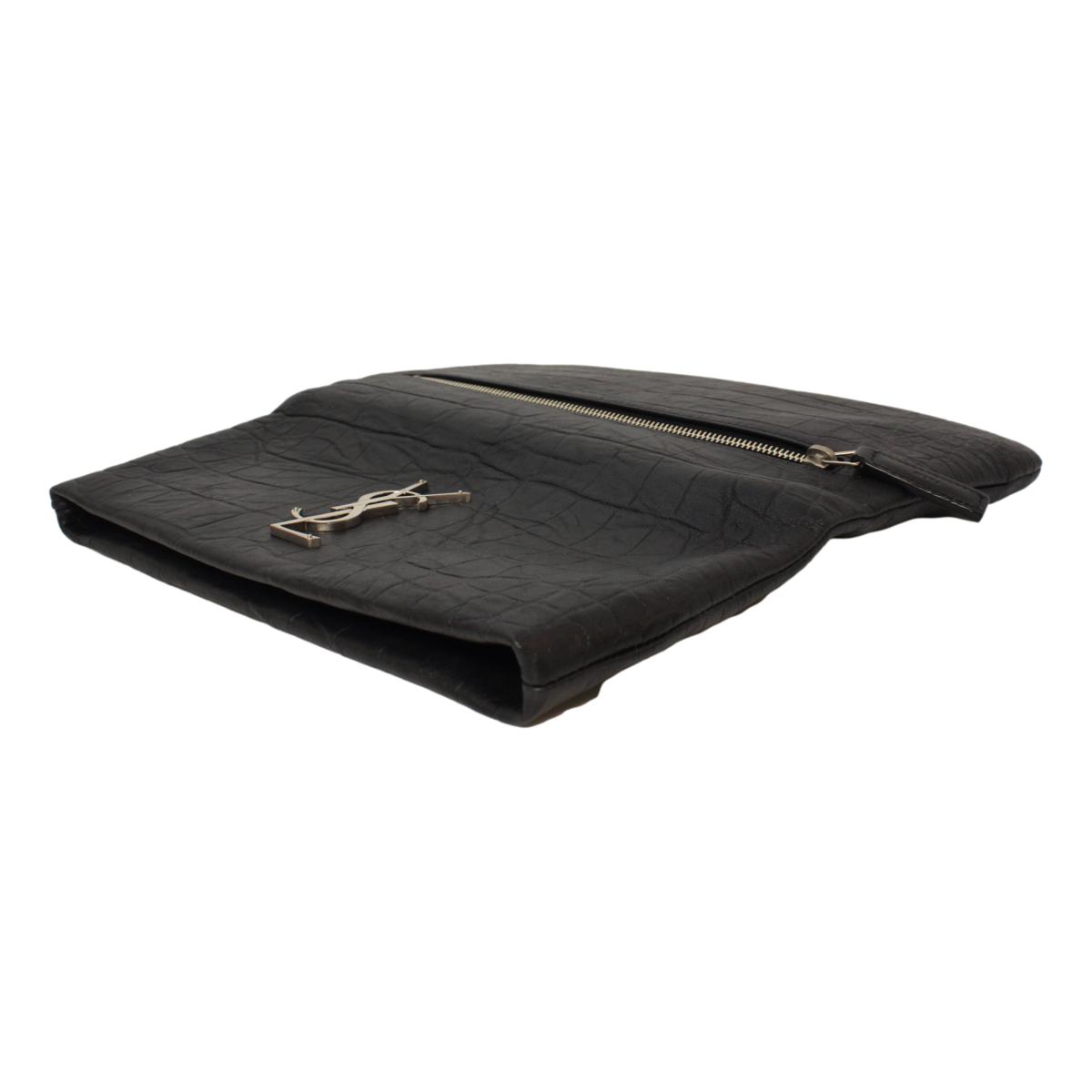 Saint Laurent West Hollywood Black Leather Croc Embossed Clutch