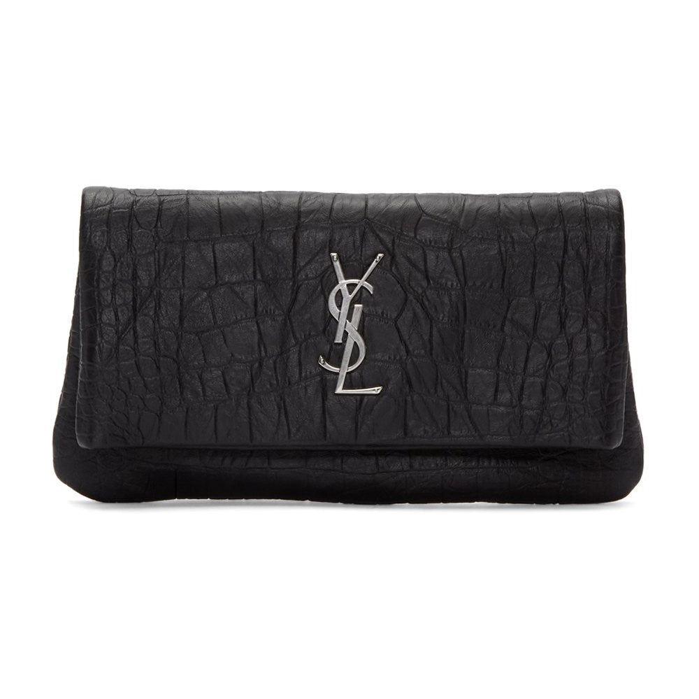 Saint Laurent West Hollywood Black Leather Croc Embossed Clutch