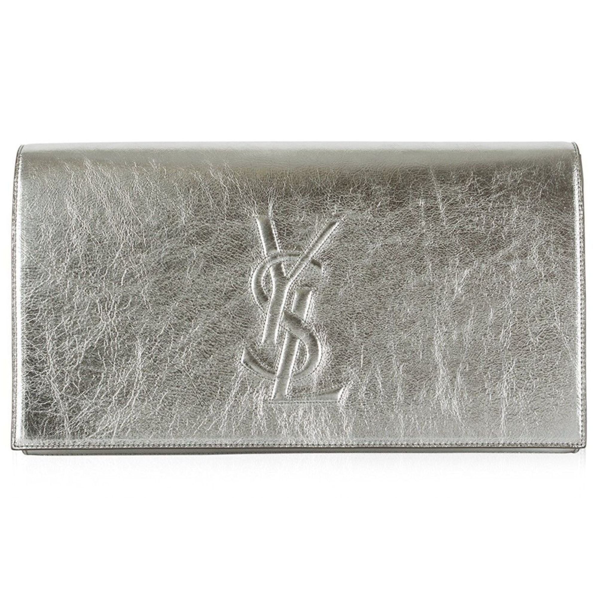 Saint Laurent YSL Belle de Jour Metallic Silver Leather Clutch Bag