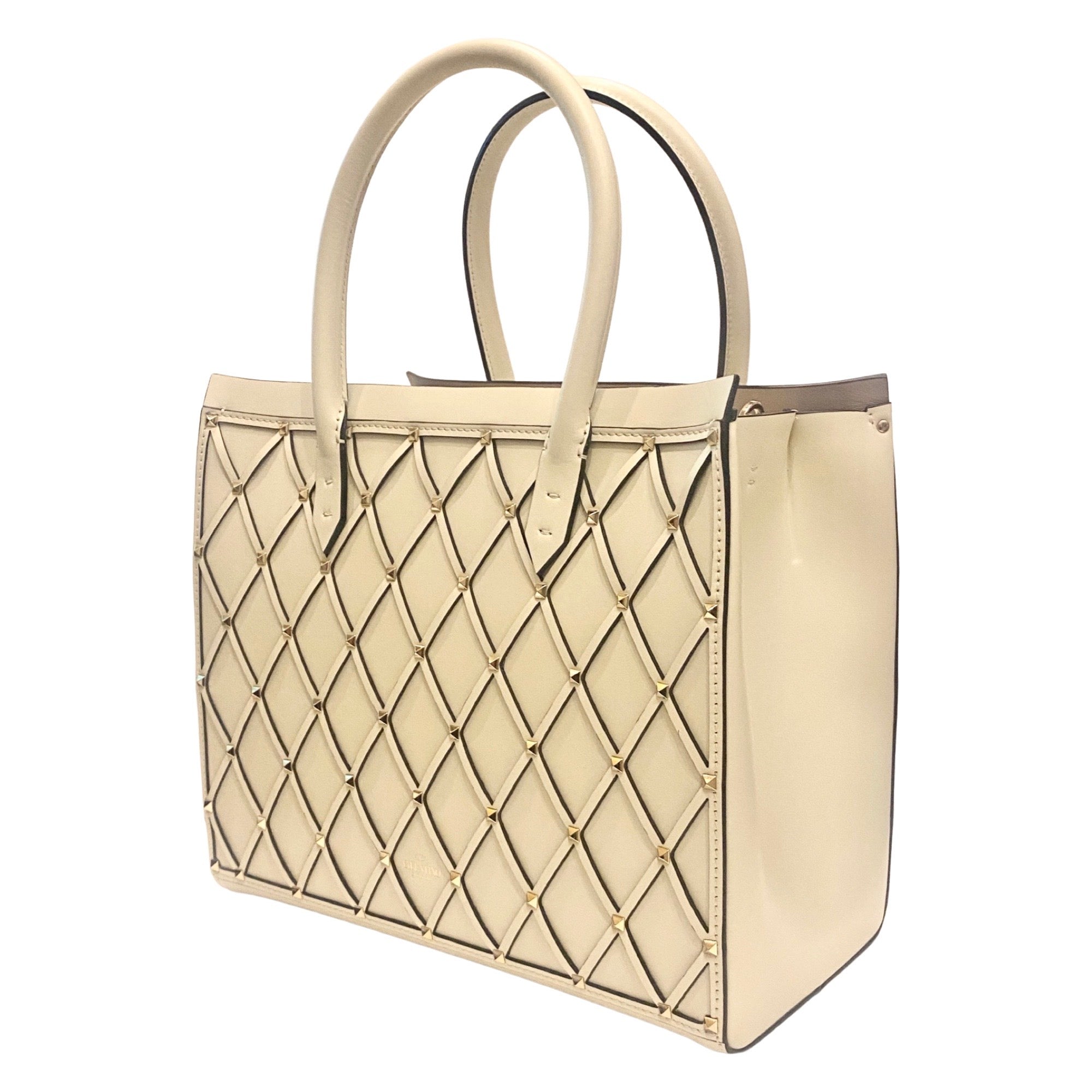 Valentino Garavani Beehive Lattice Ivory Studded Leather Tote Bag