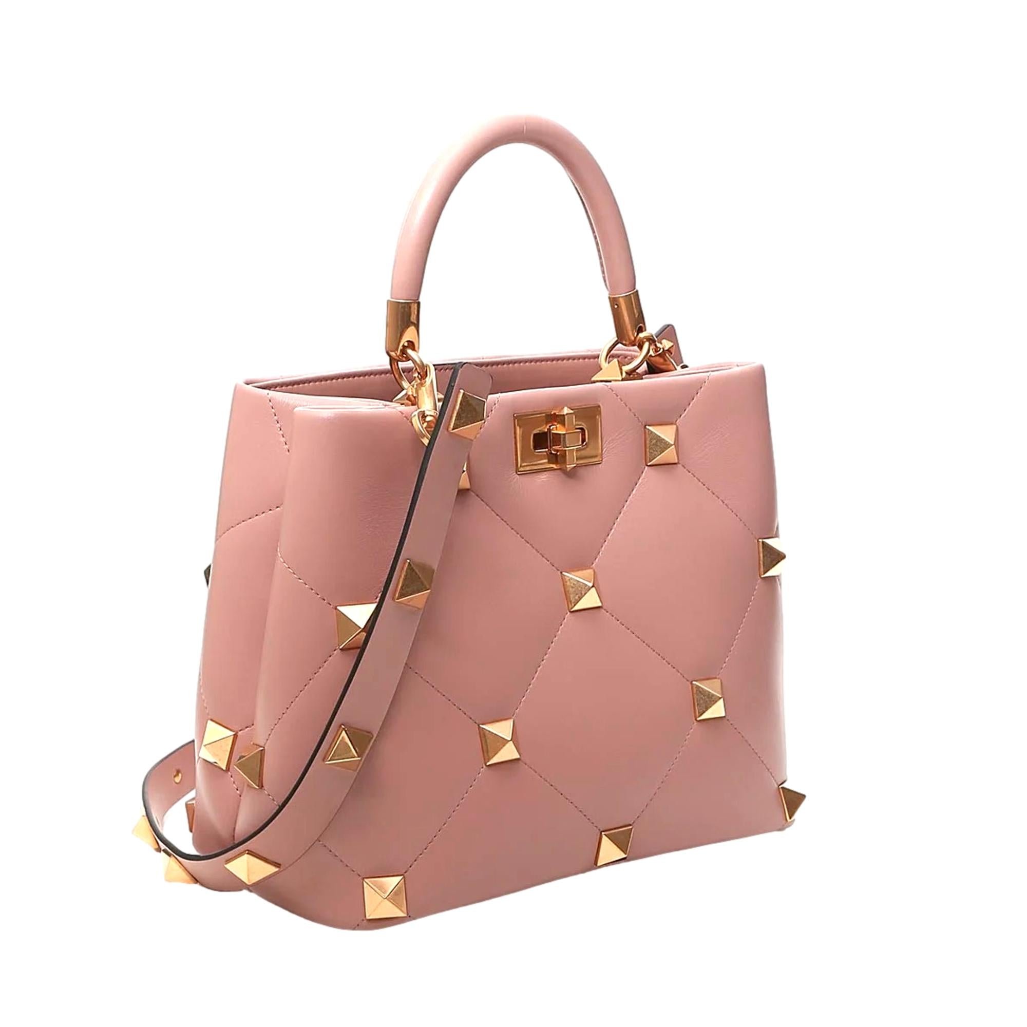 Valentino Garavani Roman Stud Nude Blush Leather Top Handle Bag