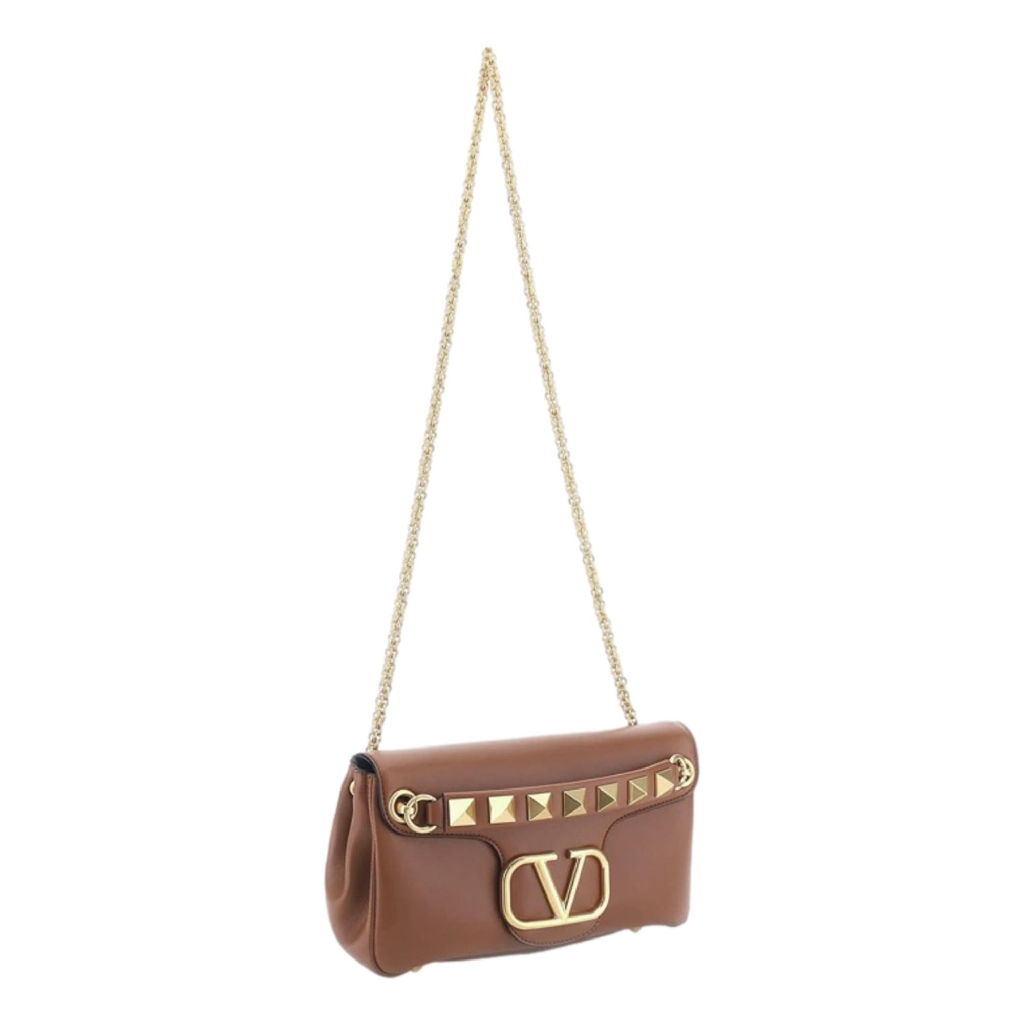 Valentino Garavani Stud Sign V Logo Brown Shoulder Bag