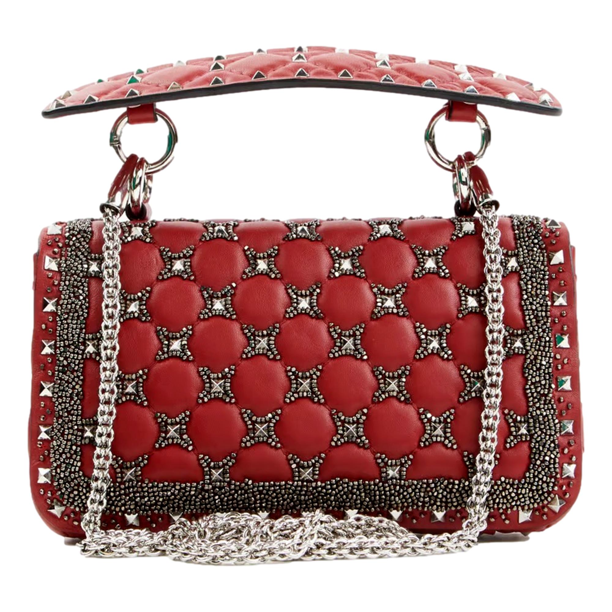 Valentino Rockstud Spike Red Leather Beaded Bag