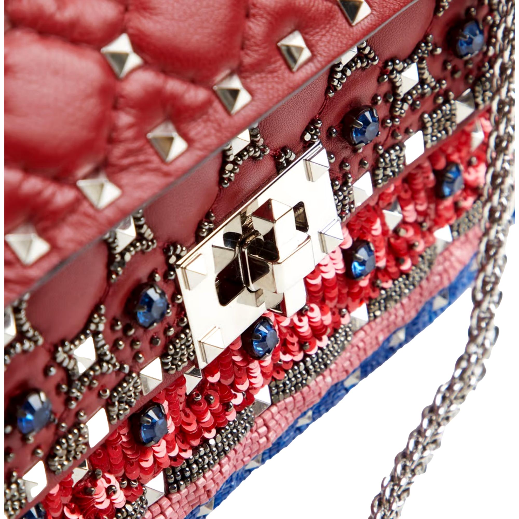 Valentino Rockstud Spike Red Leather Beaded Bag