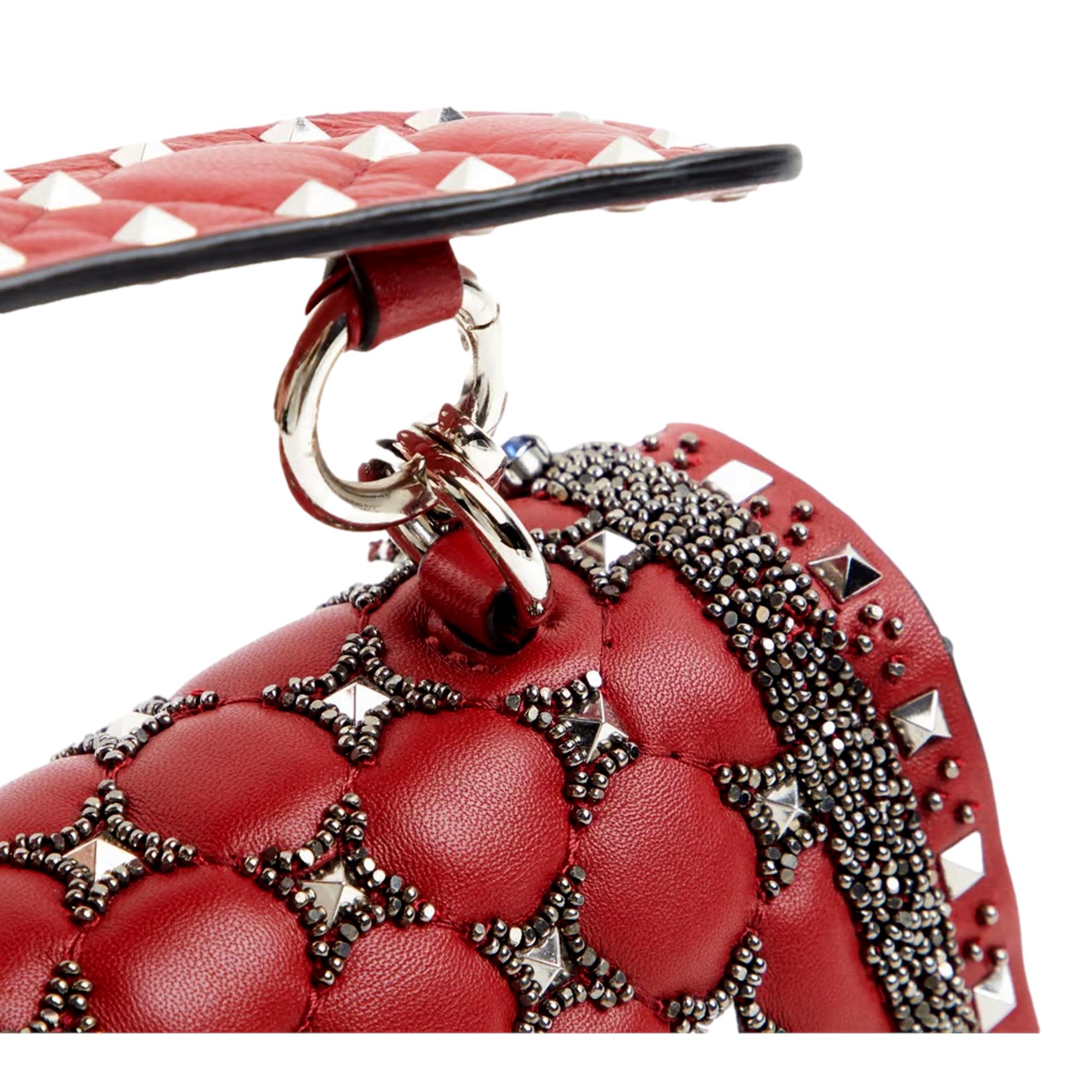 Valentino Rockstud Spike Red Leather Beaded Bag