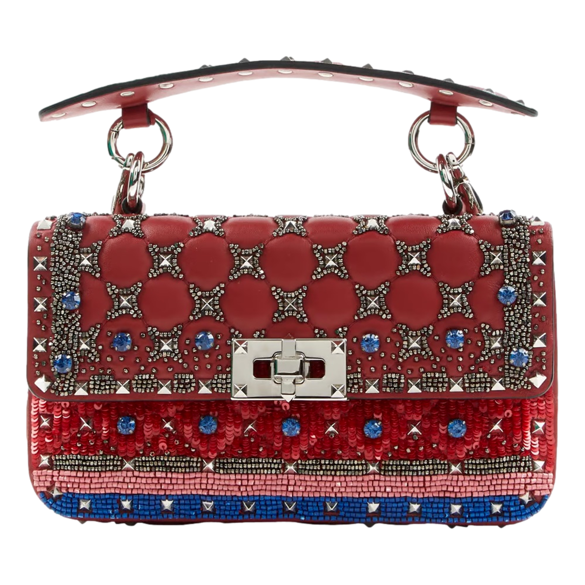 Valentino Rockstud Spike Red Leather Beaded Bag