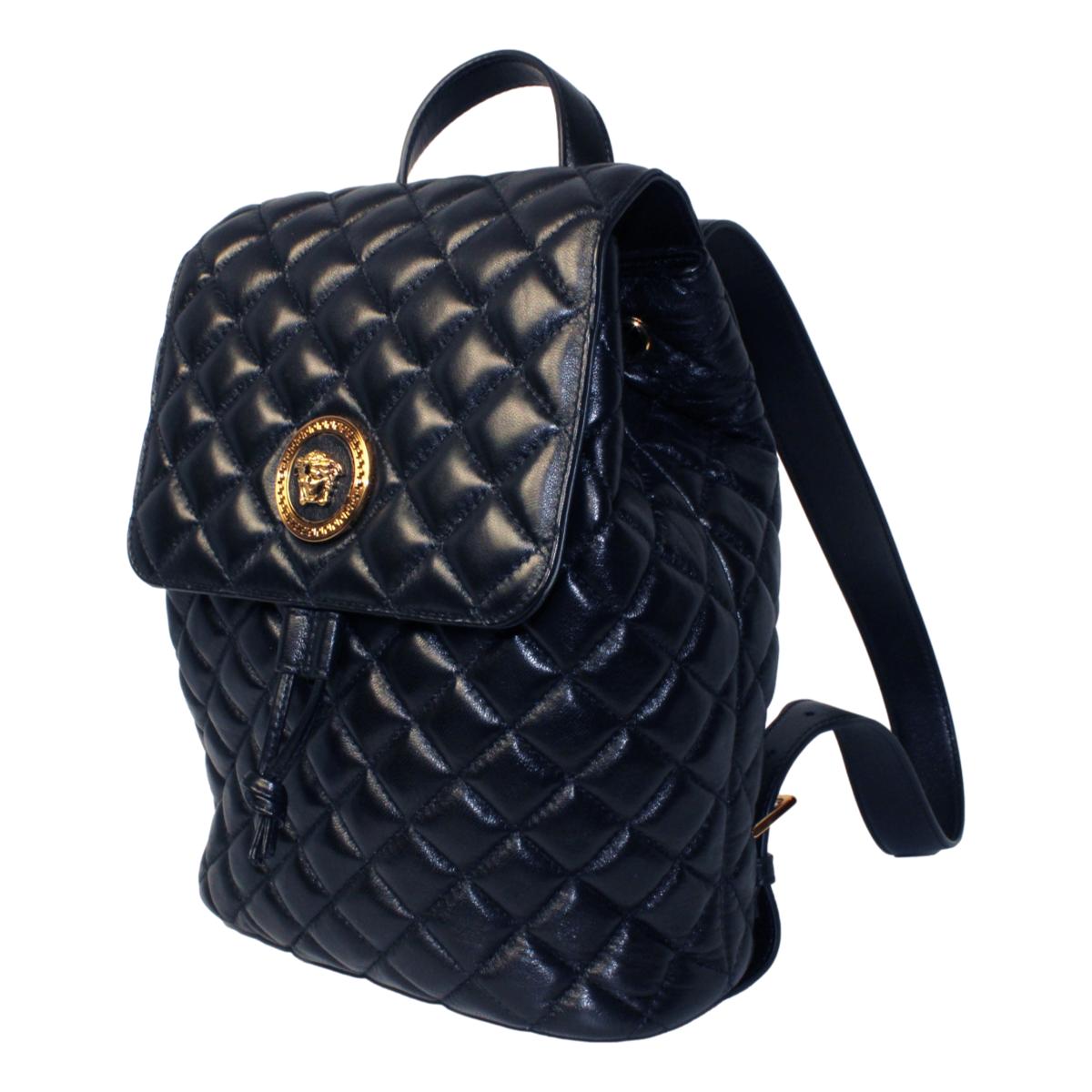 Versace Black Leather Medusa Quilted Flap Backpack