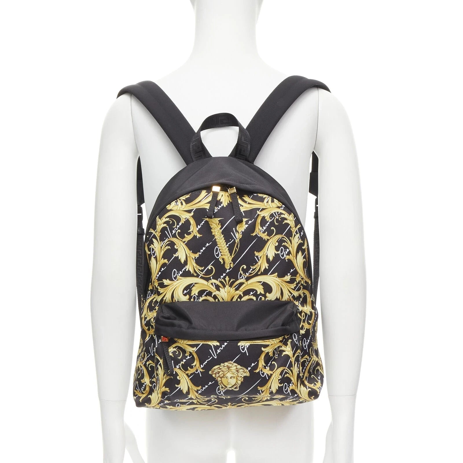 Versace Black Nylon Barocco Signature Print Zip Backpack