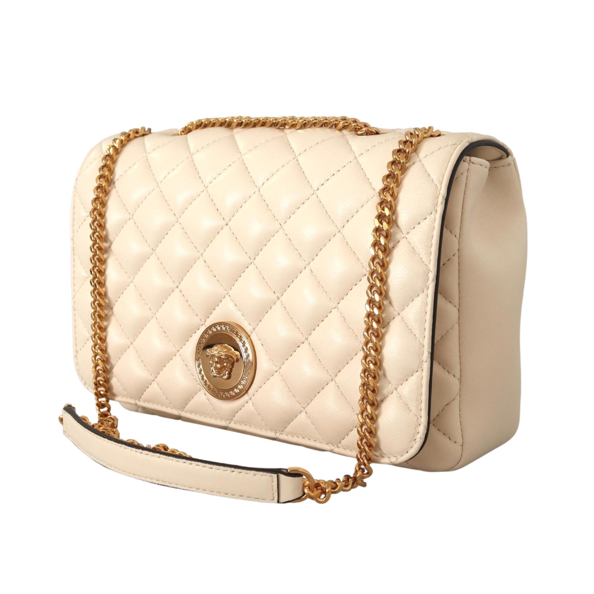 Versace La Medusa Beige Quilted Lamb Leather Large Shoulder Bag