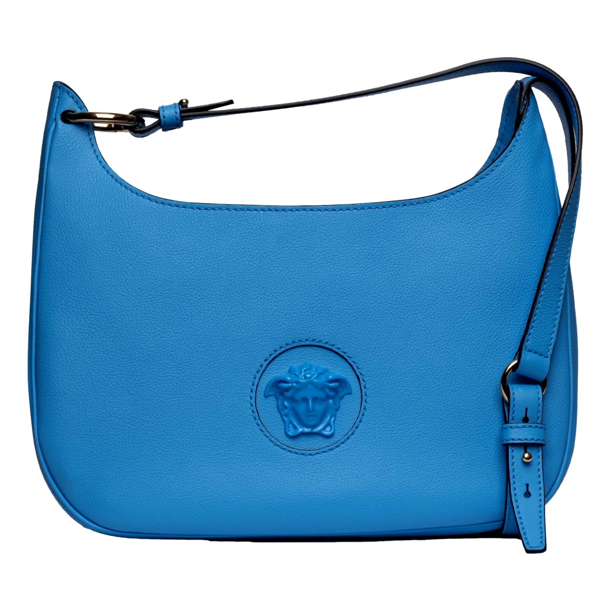 Versace La Medusa Blue Pebbled Leather Medium Hobo Bag