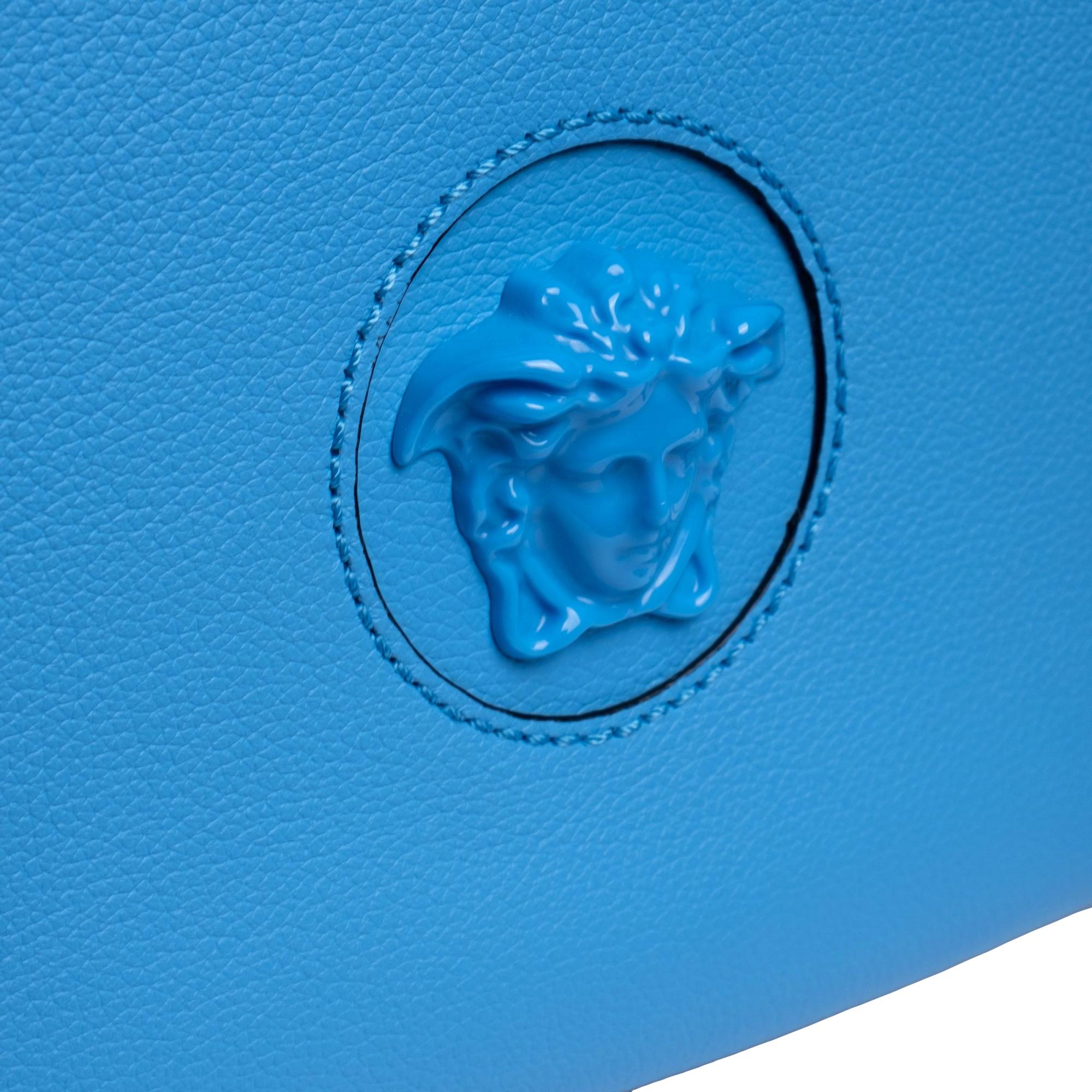 Versace La Medusa Blue Pebbled Leather Medium Hobo Bag