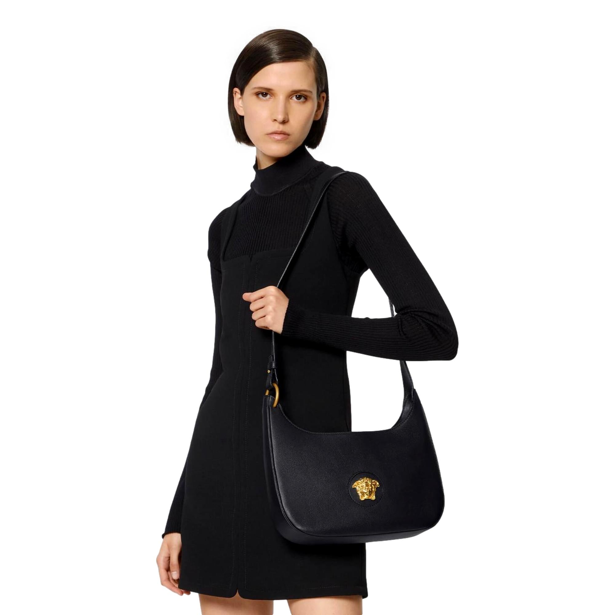 Versace La Medusa Convertible Black Leather Hobo Bag