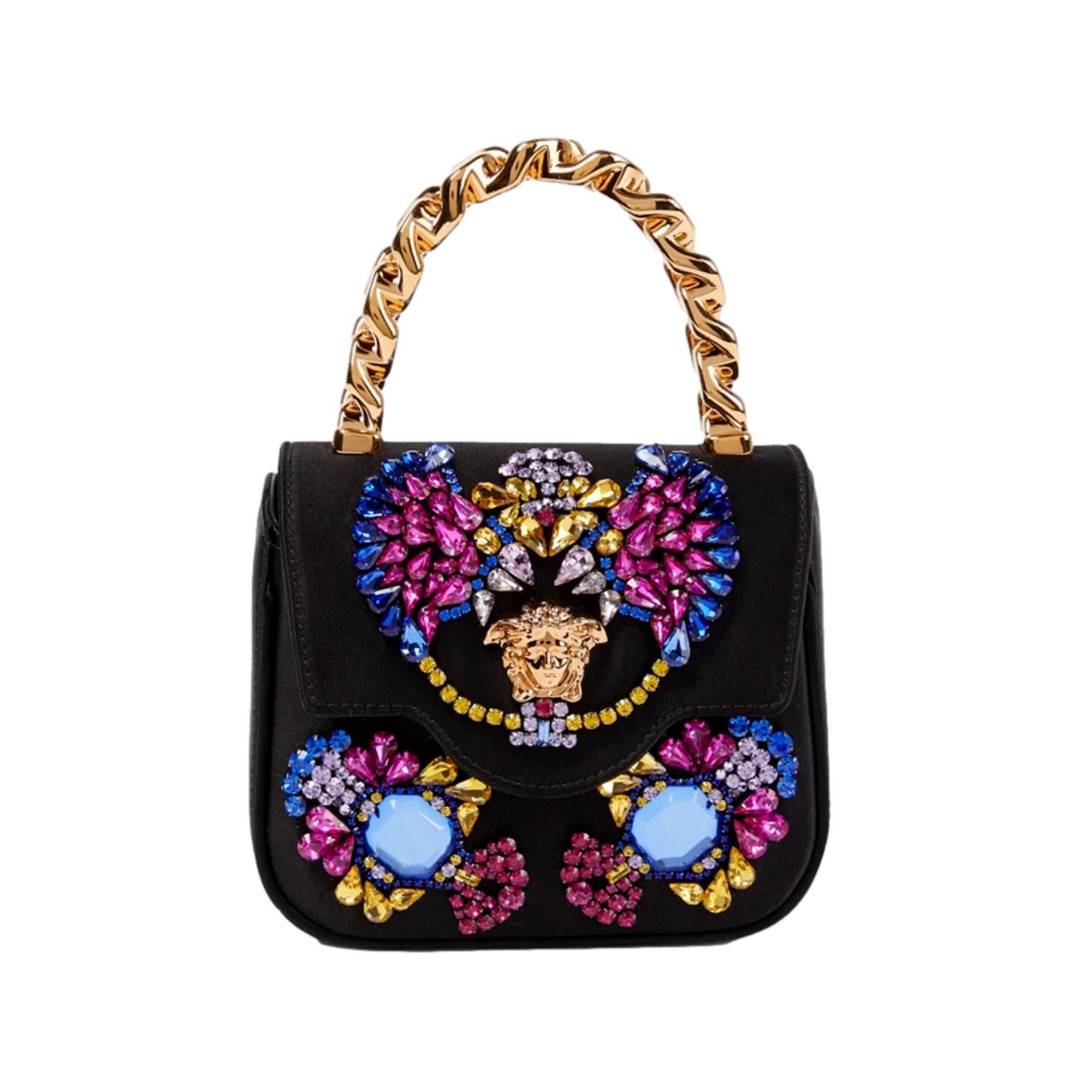 Versace La Medusa Crystal Black Silk Mini Top Handle Crossbody Bag