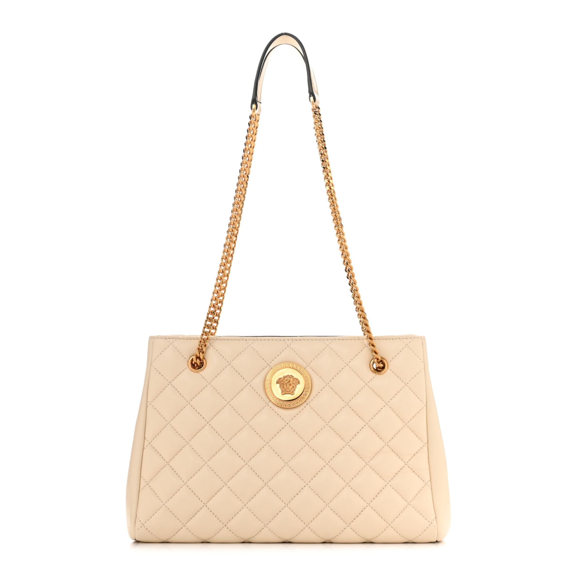 Versace La Medusa Nappa Quilted Beige Leather Large Tote Bag