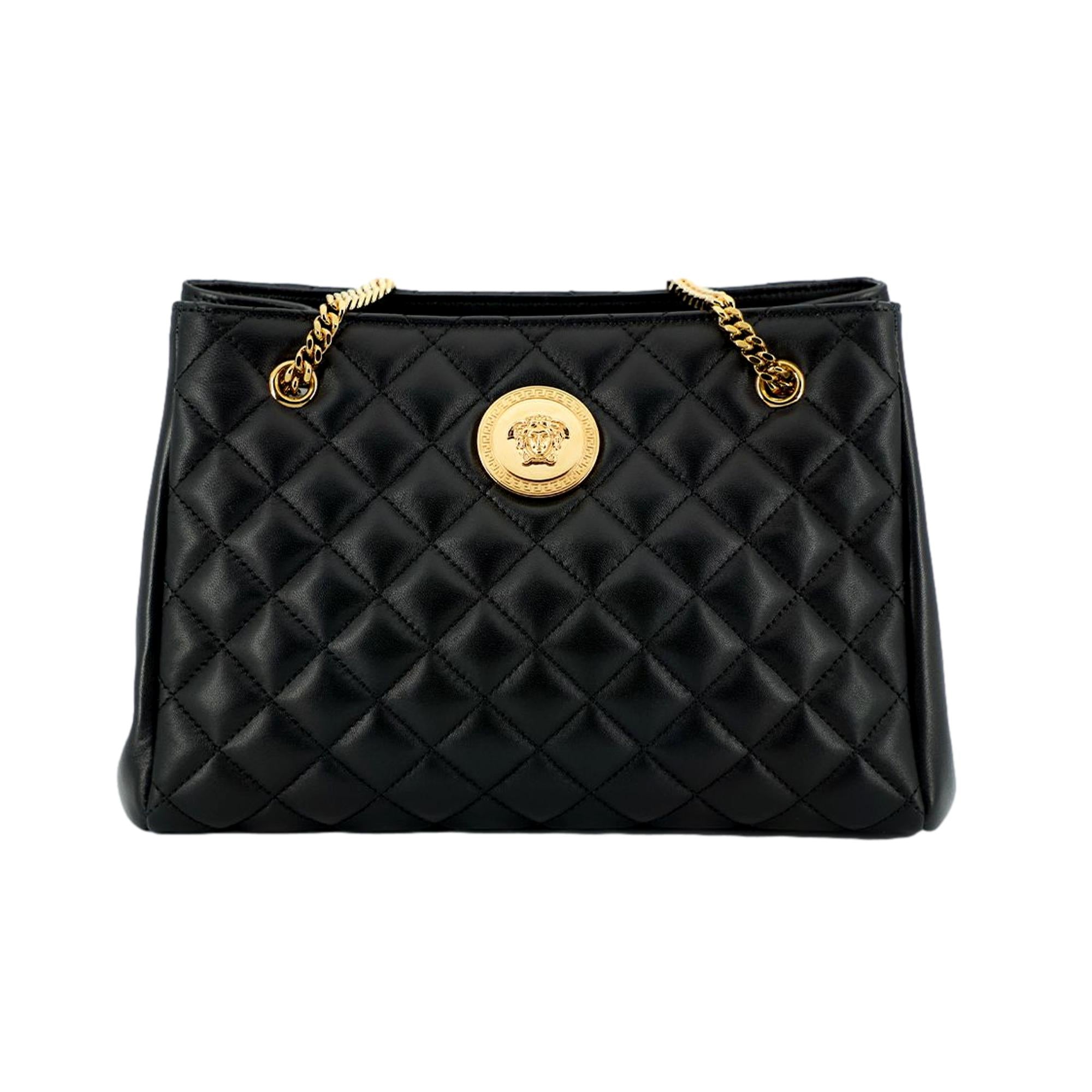 Versace La Medusa Nappa Quilted Black Leather Large Tote Bag