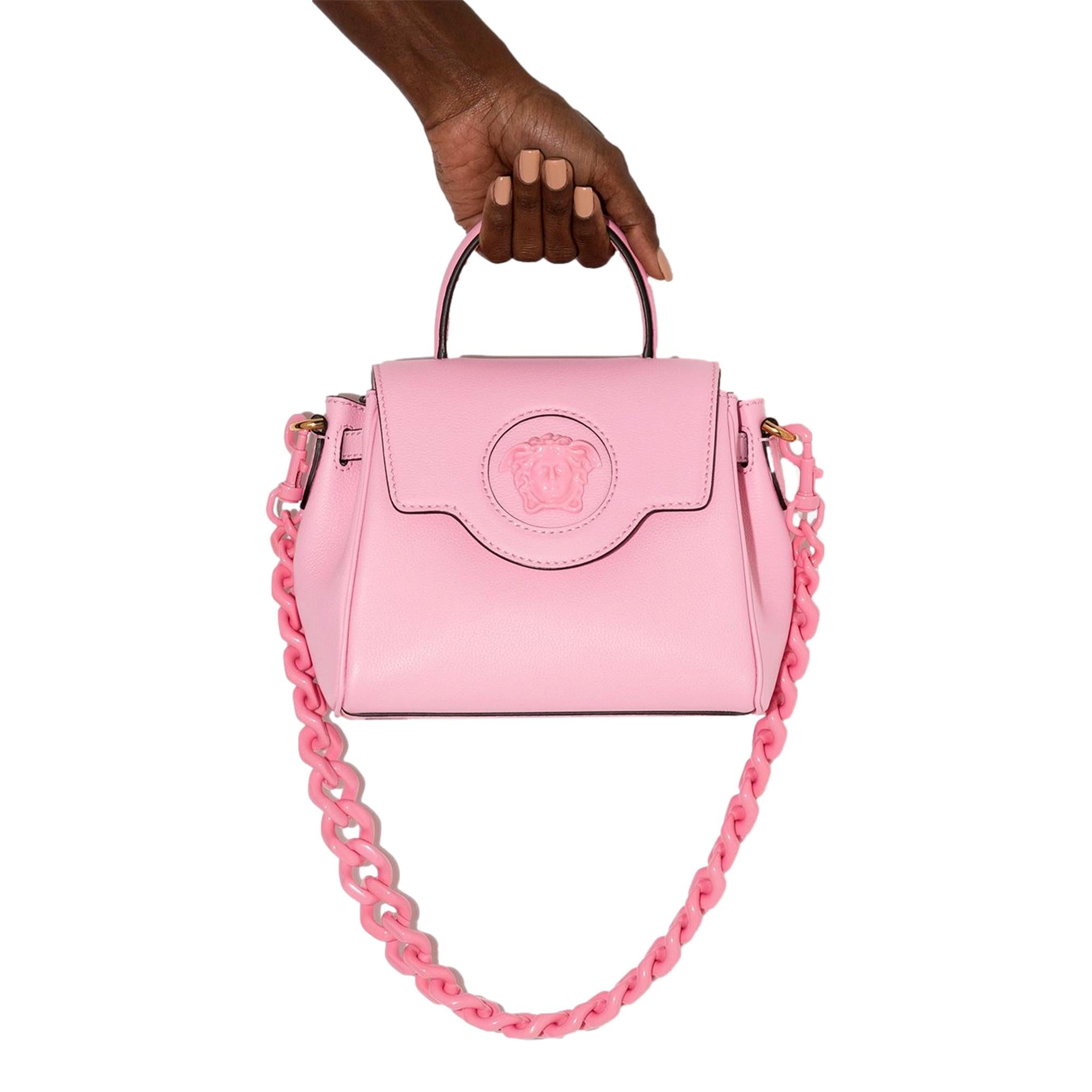 Versace La Medusa Pink Pebbled Leather Top Handle Bag