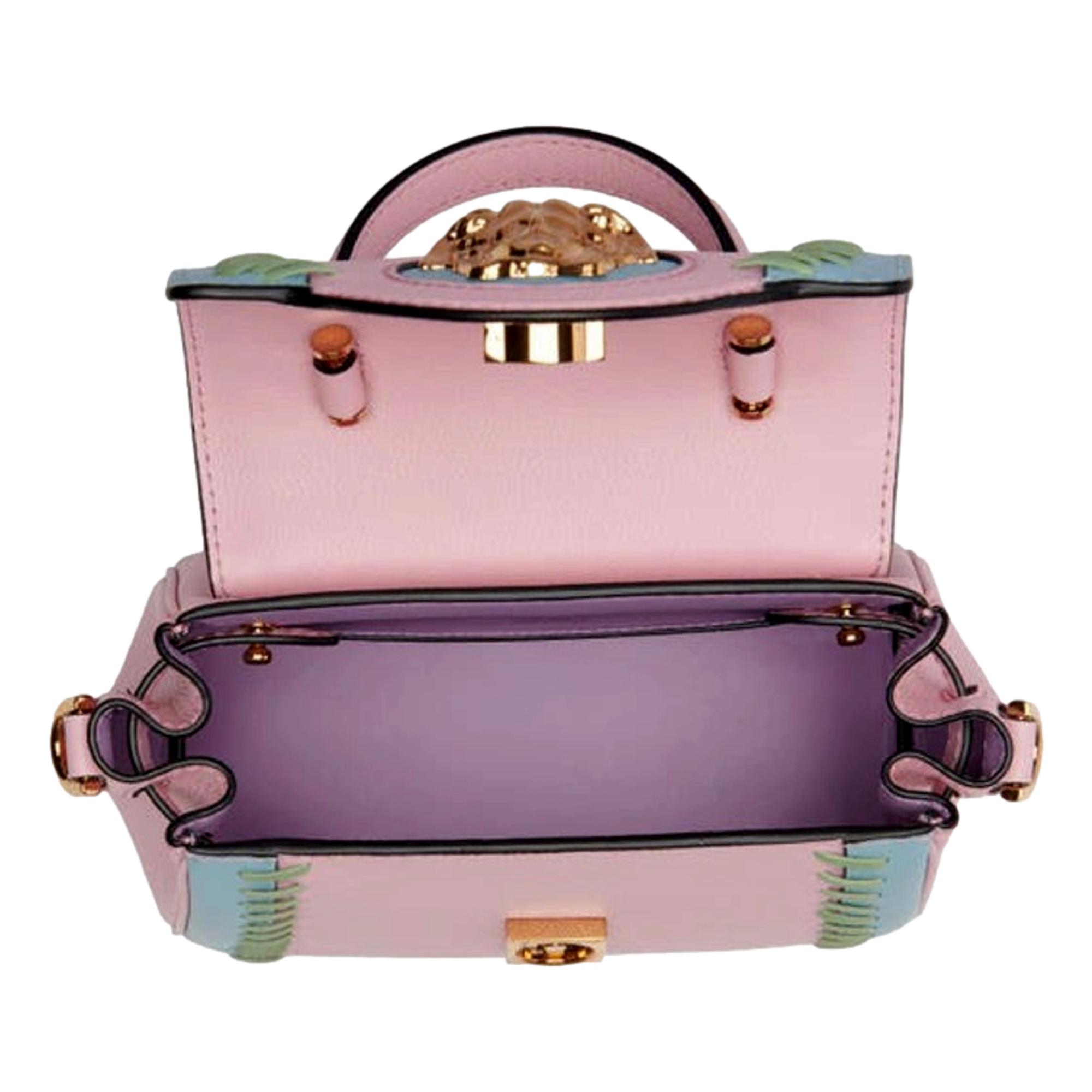 Versace La Medusa Whipstitch Pink and Blue Leather Top Handle Bag