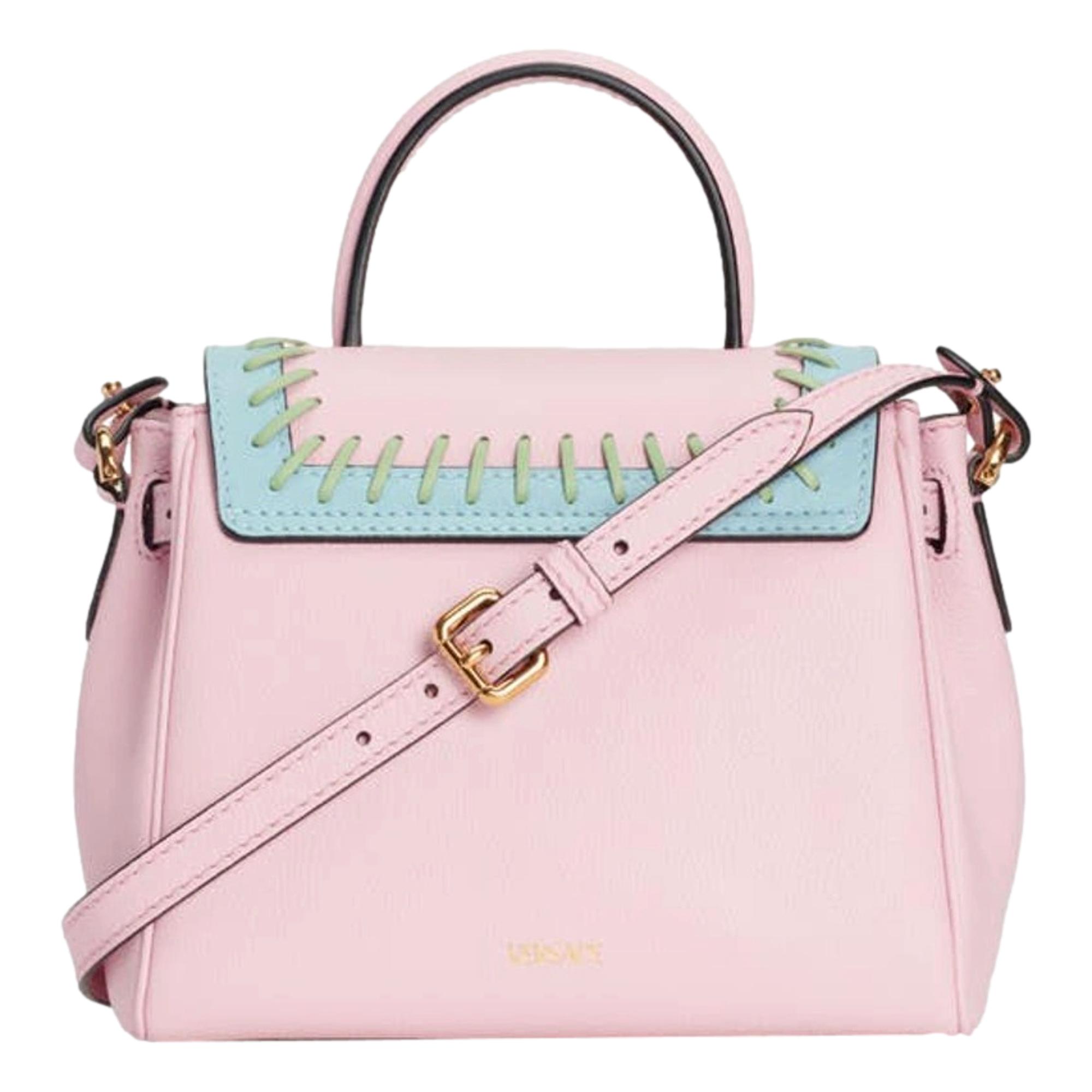 Versace La Medusa Whipstitch Pink and Blue Leather Top Handle Bag