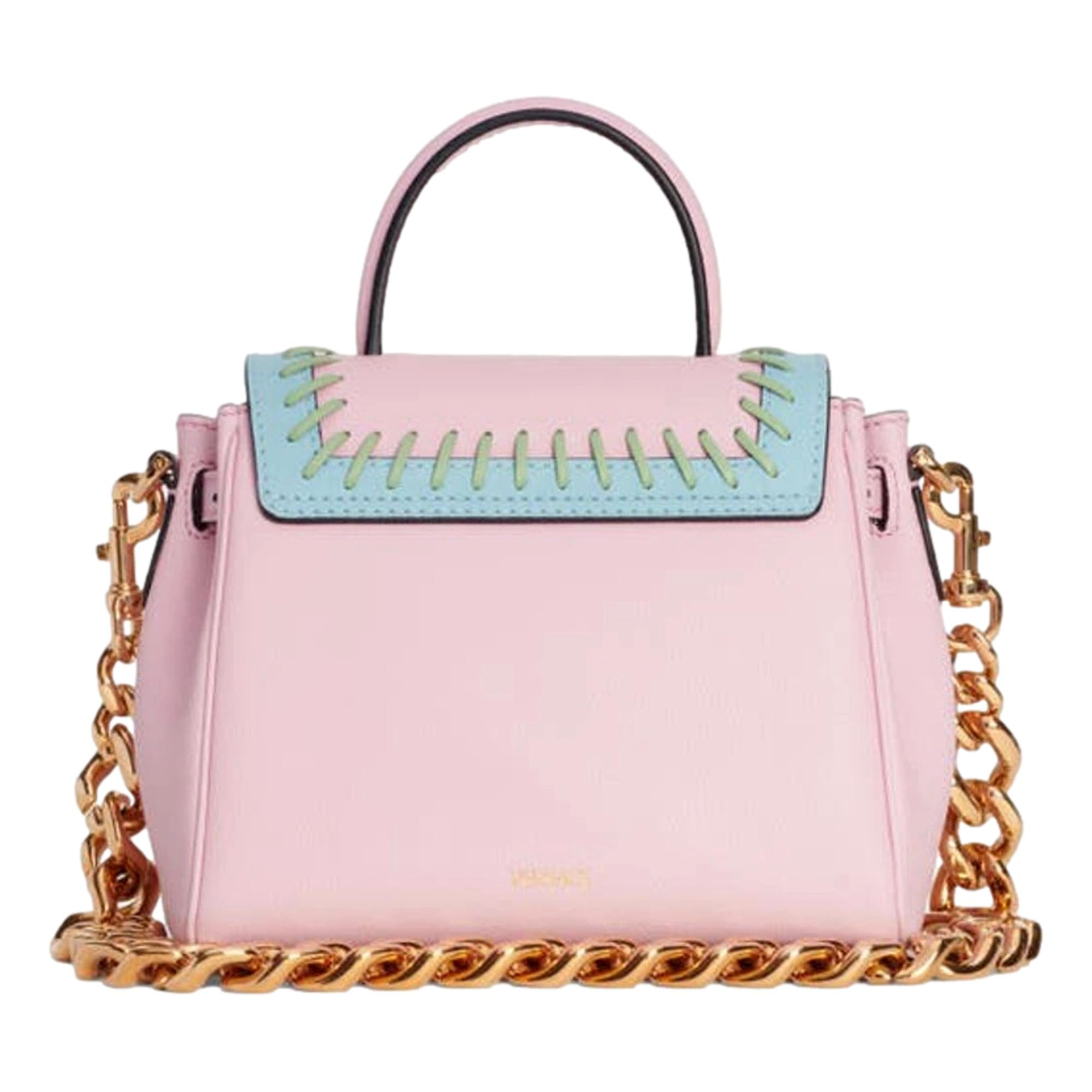 Versace La Medusa Whipstitch Pink and Blue Leather Top Handle Bag