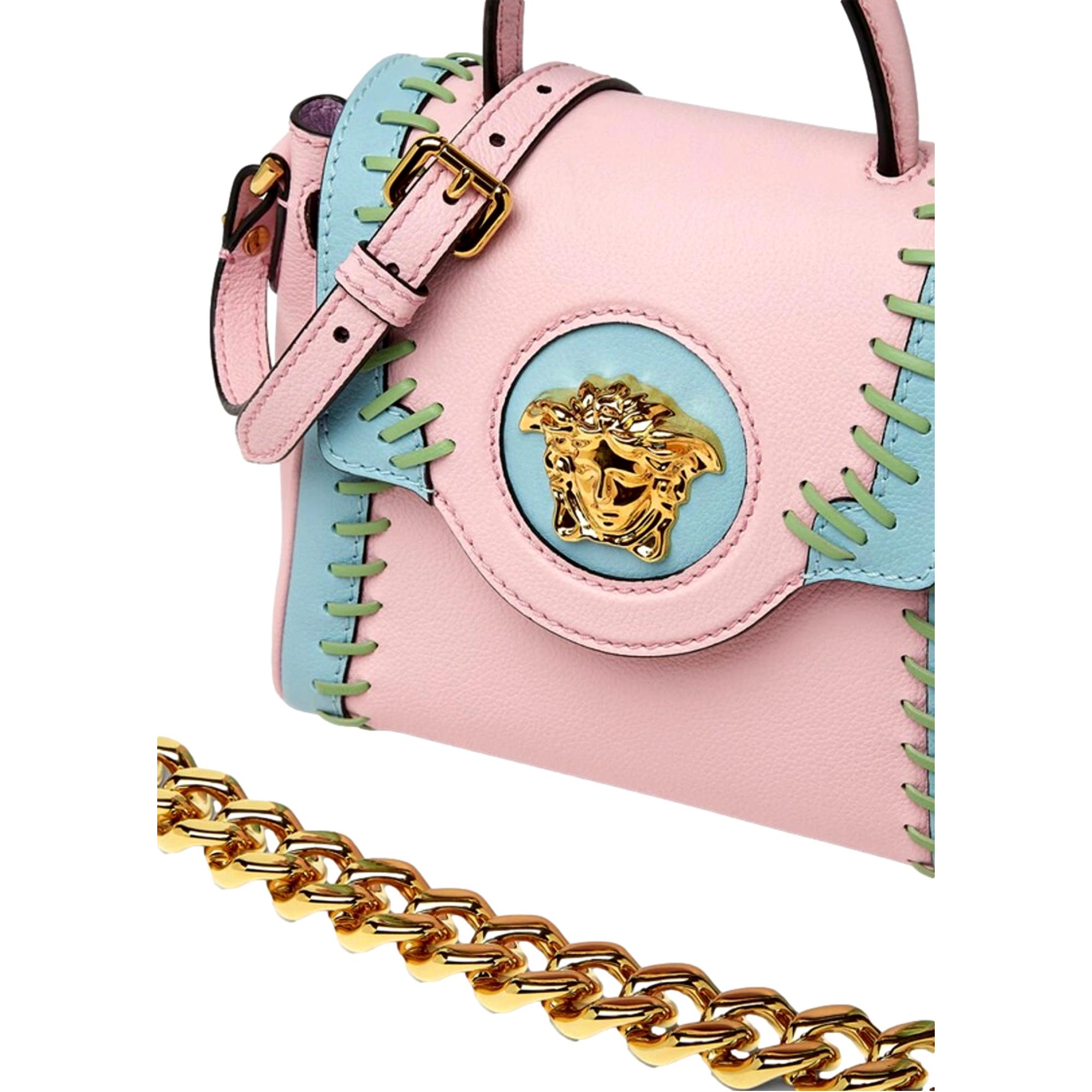 Versace La Medusa Whipstitch Pink and Blue Leather Top Handle Bag