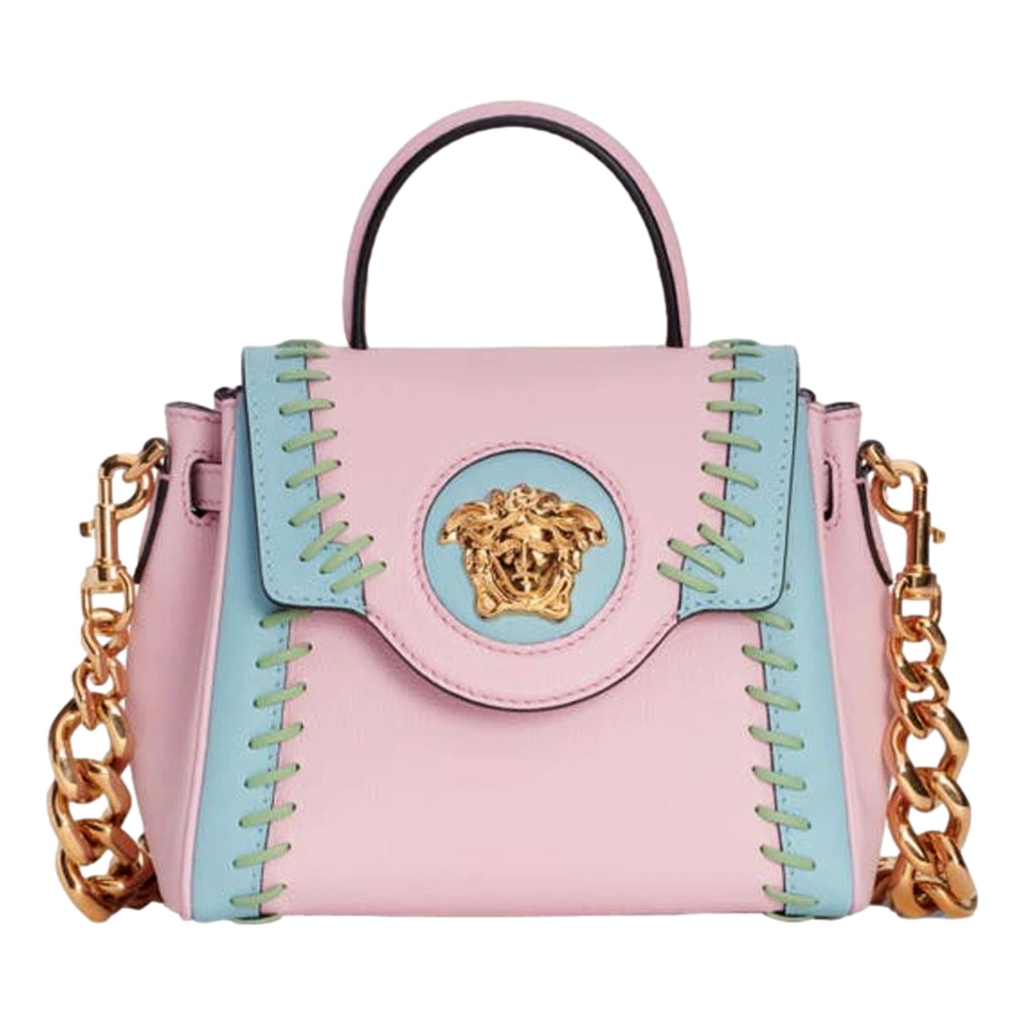 Versace La Medusa Whipstitch Pink and Blue Leather Top Handle Bag