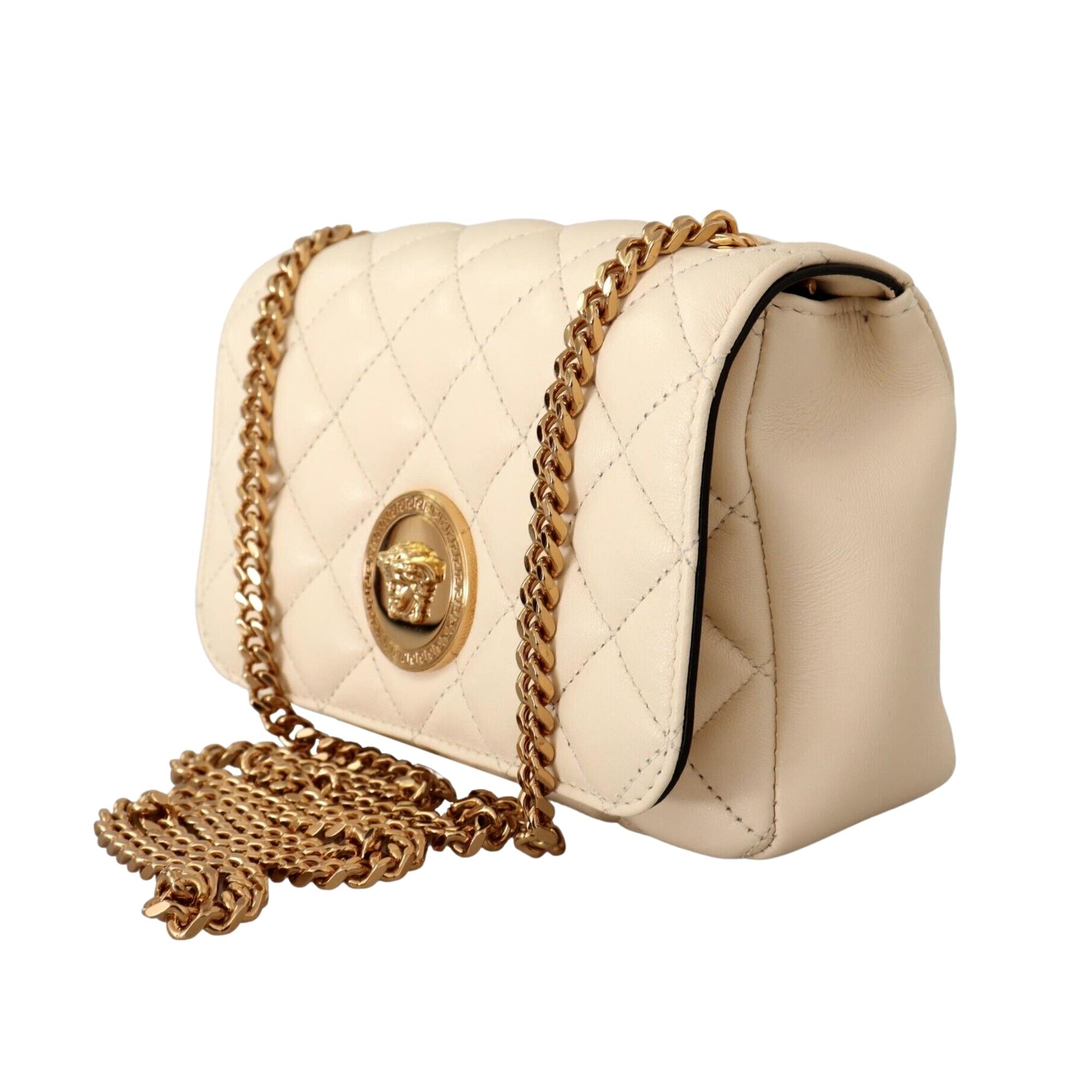 Versace Medusa Nappa Quilted Beige Leather Chain Crossbody