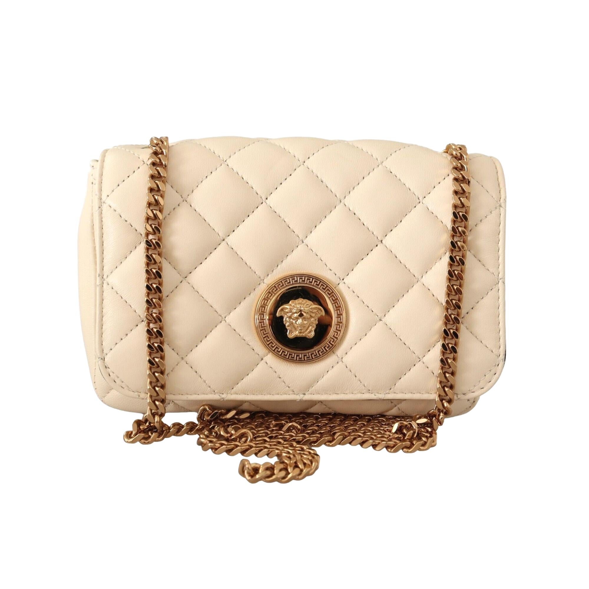 Versace Medusa Nappa Quilted Beige Leather Chain Crossbody