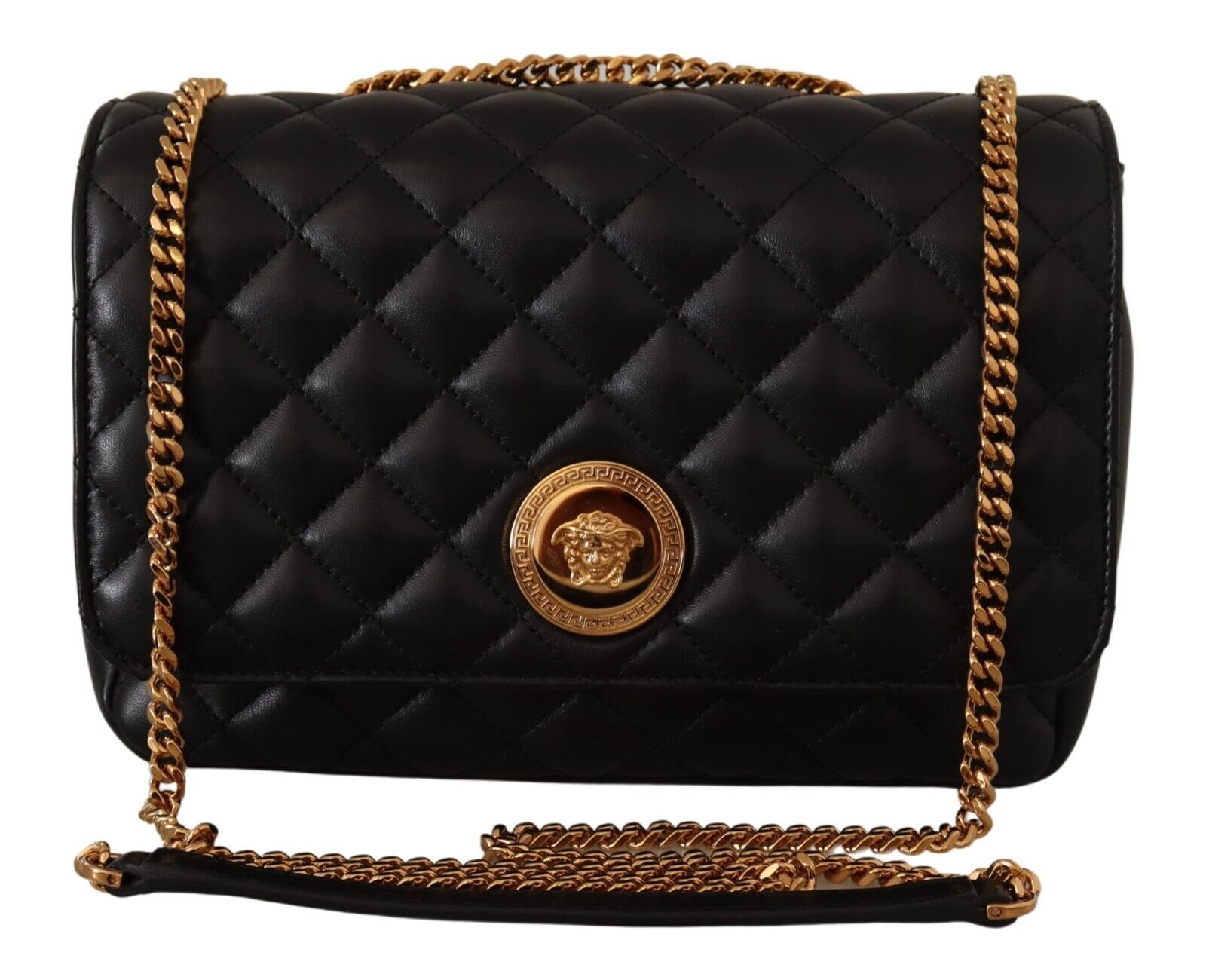 Versace La Medusa Nappa Quilted Black Leather Large Shoulder Bag