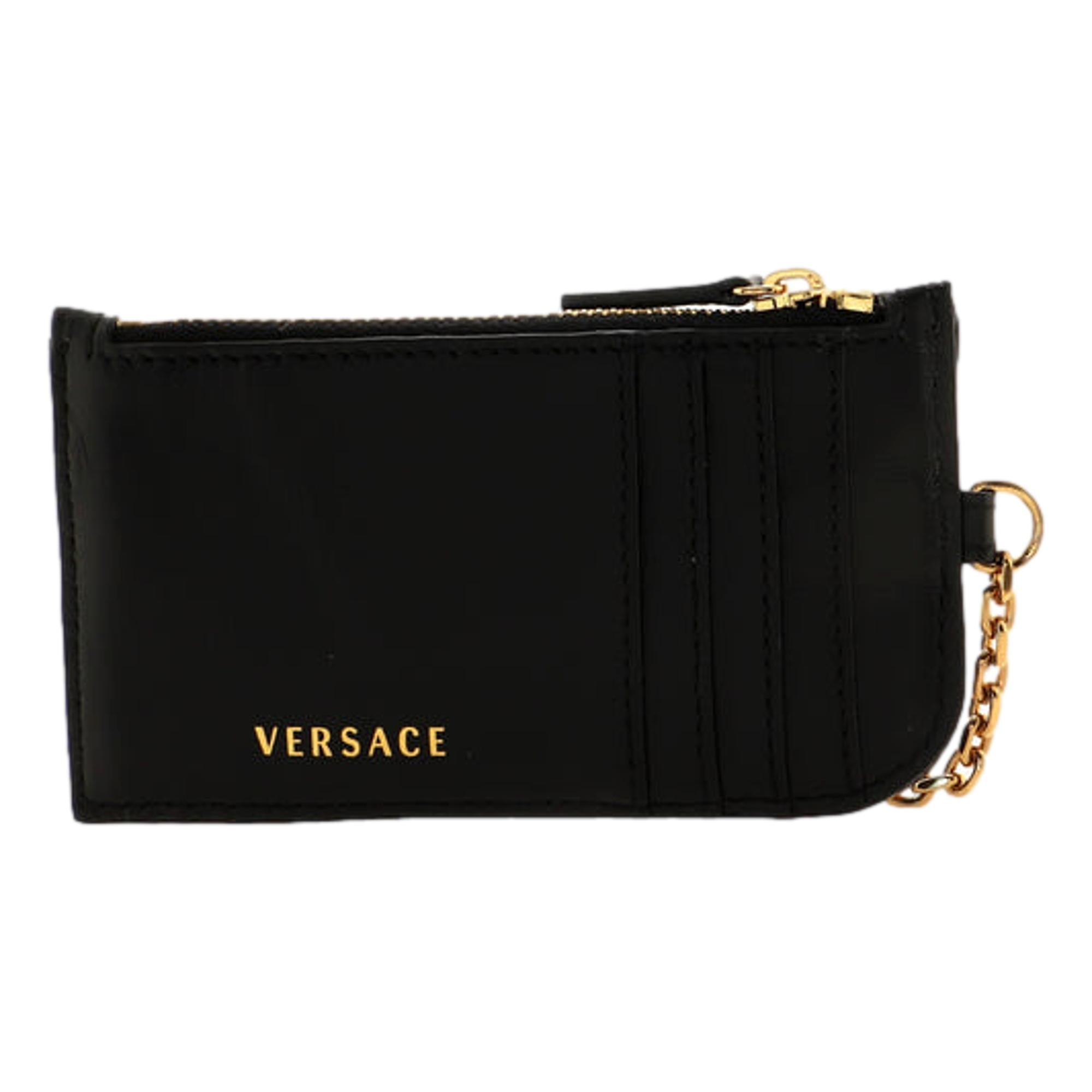 Versace Medusa Quilted Black Lambskin Leather Card Case Keychain