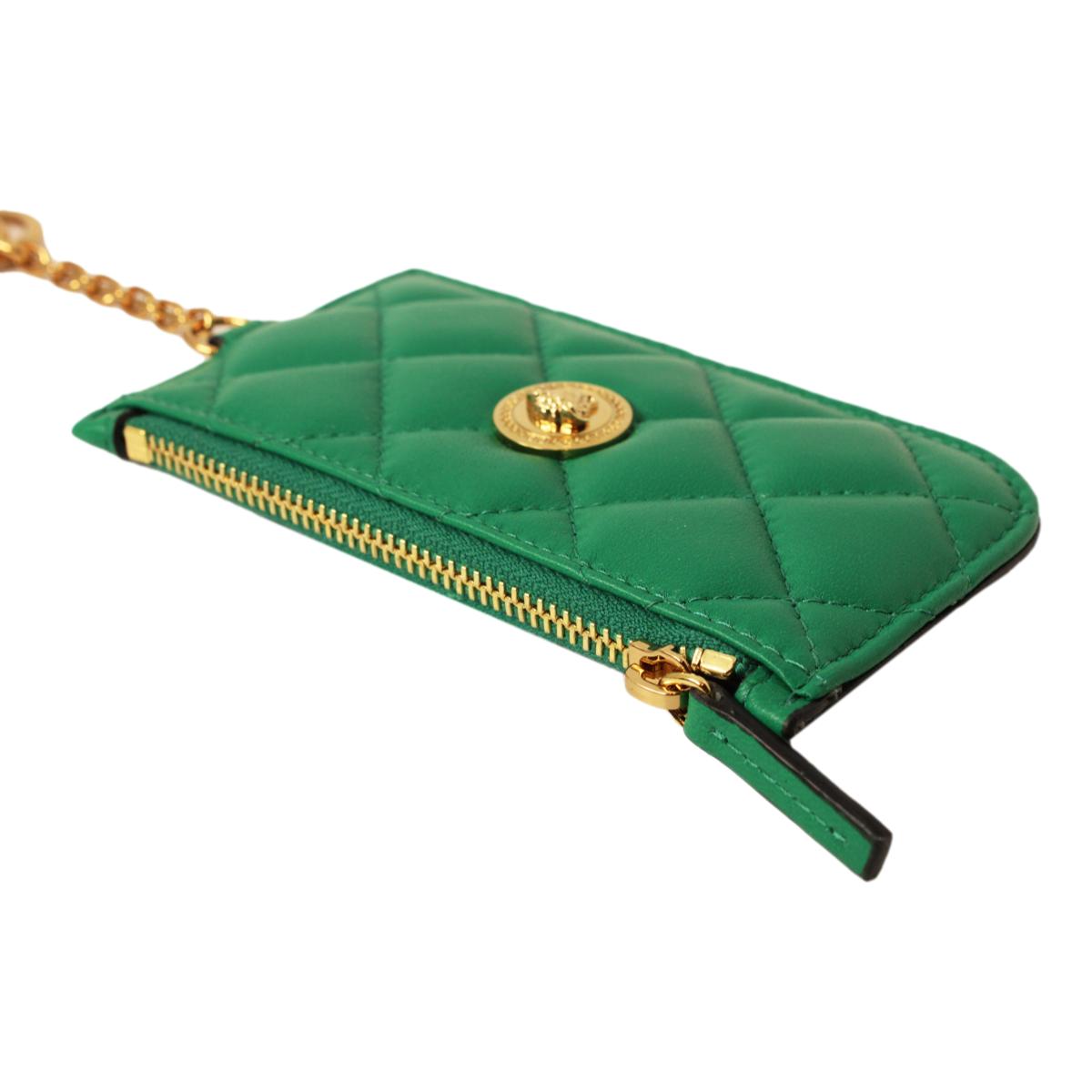 Versace Medusa Quilted Green Lambskin Leather Card Case Keychain