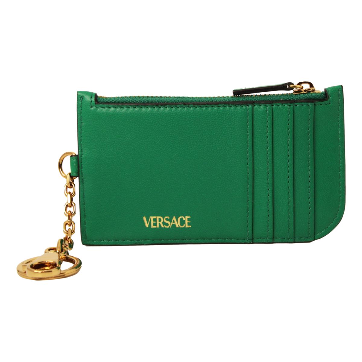 Versace Medusa Quilted Green Lambskin Leather Card Case Keychain