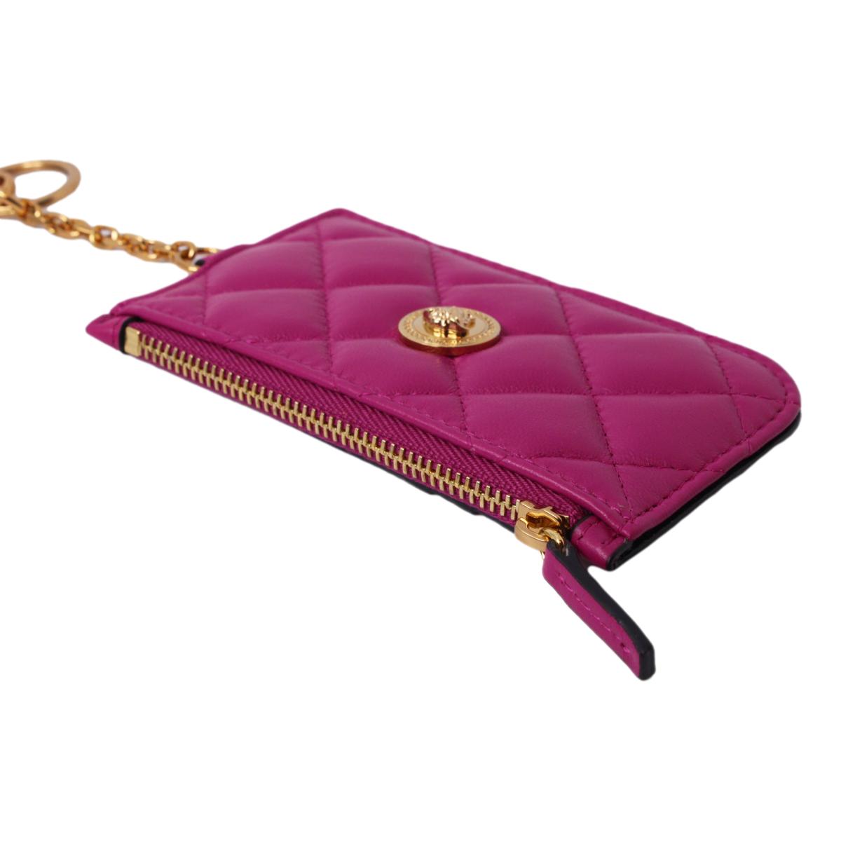 Versace Medusa Quilted Pink Lambskin Leather Card Case Keychain