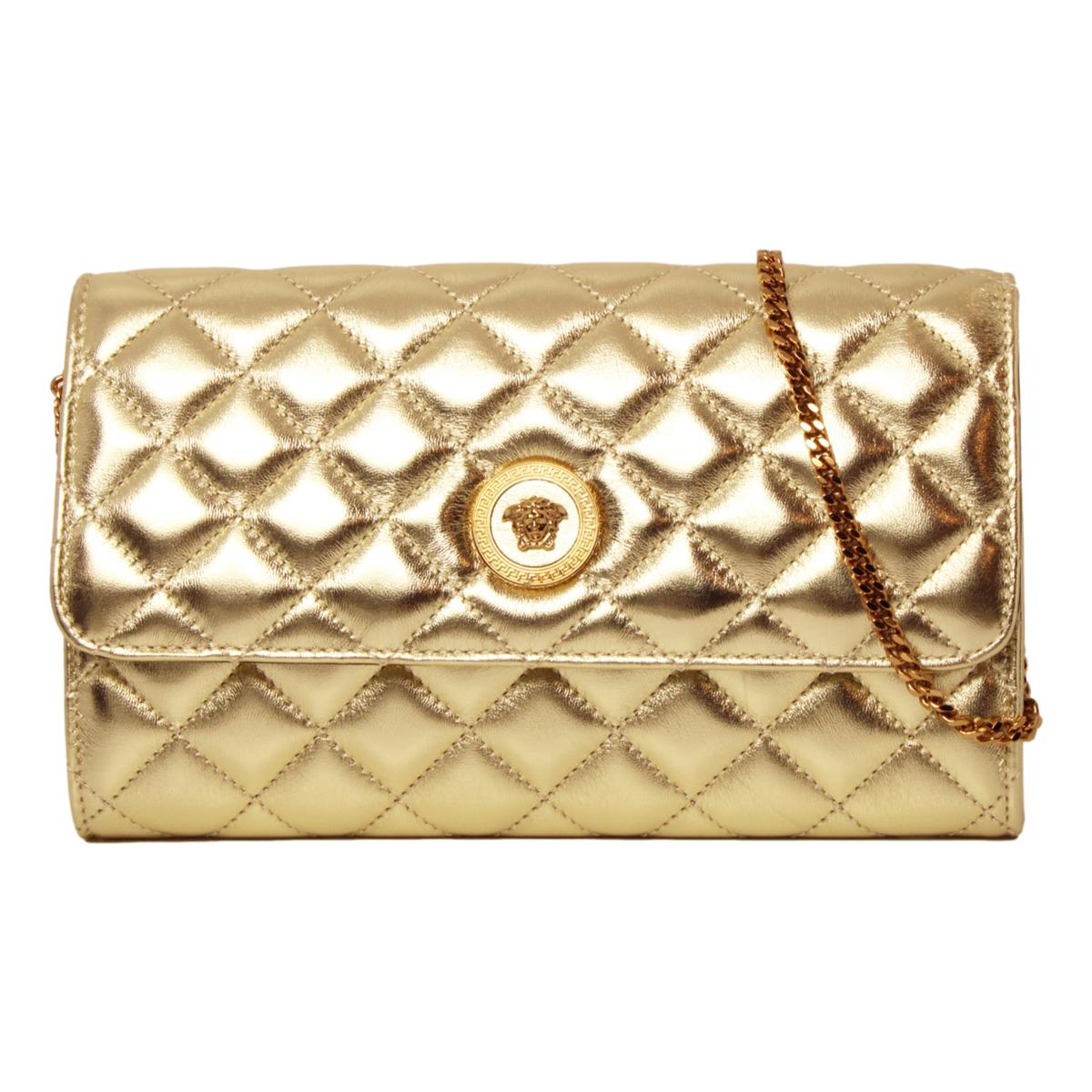 Versace Metallic Gold Leather Medusa Chain Wallet Bag