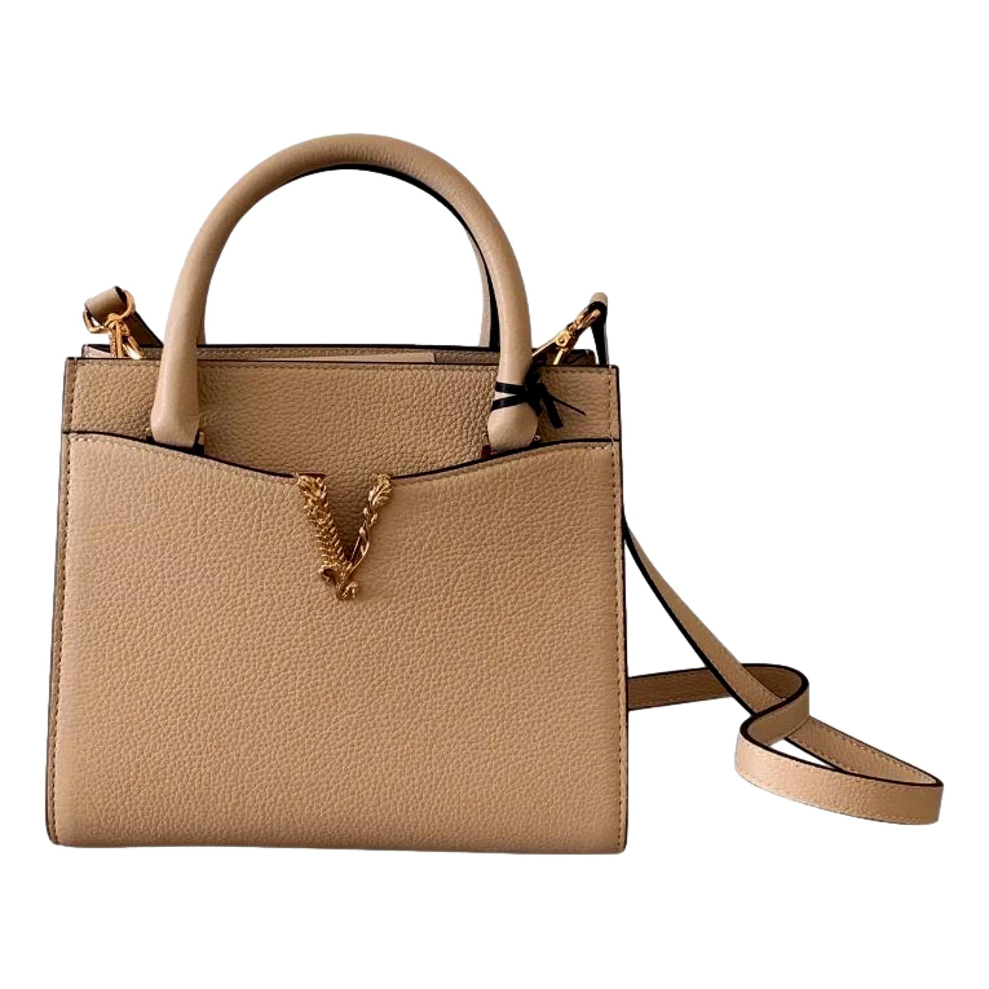 Versace Virtus Beige Calf Leather Top Handle Crossbody Bag