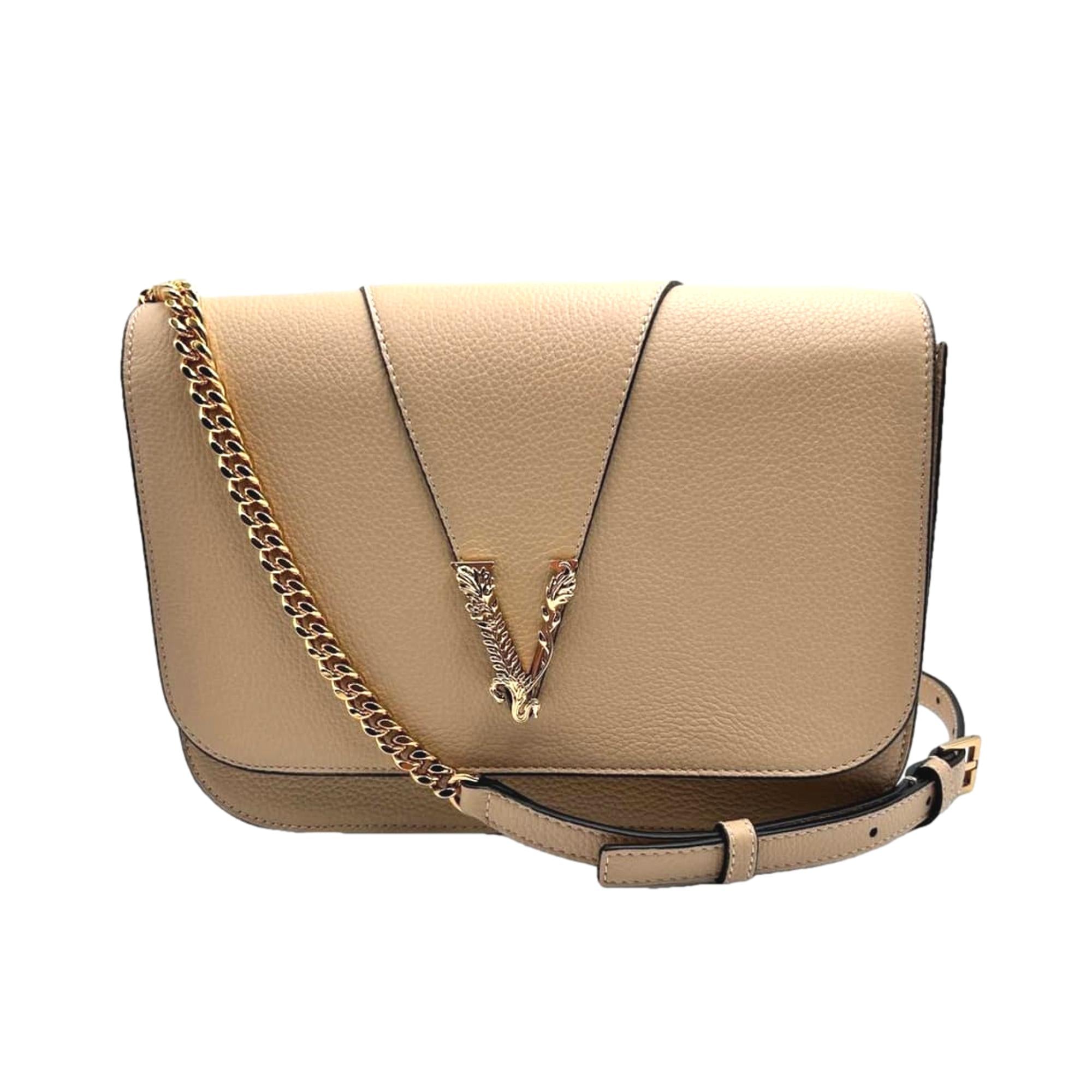 Versace Virtus Beige Pebbled Leather Crossbody