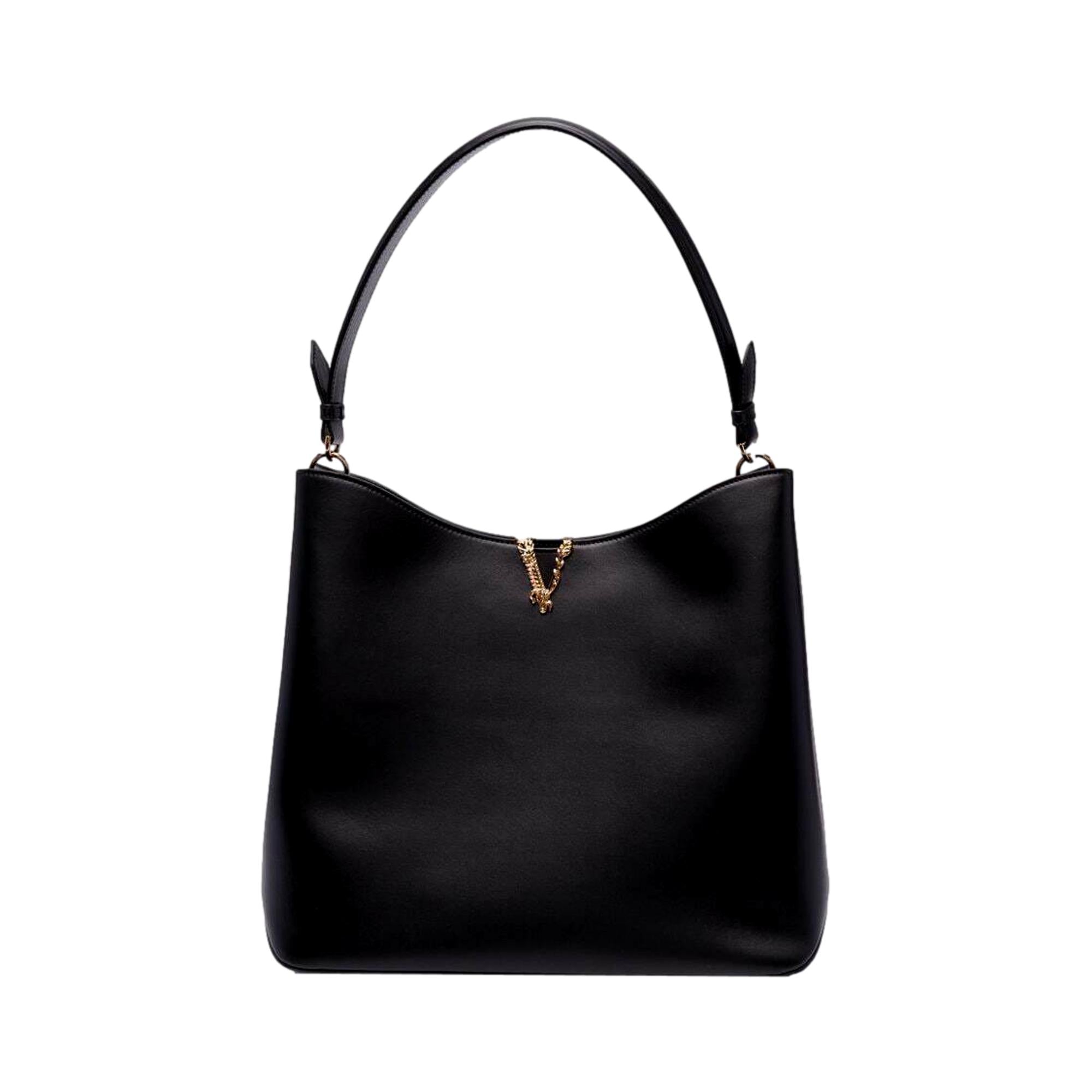 Versace Virtus Black Calf Leather Large Hobo Bag